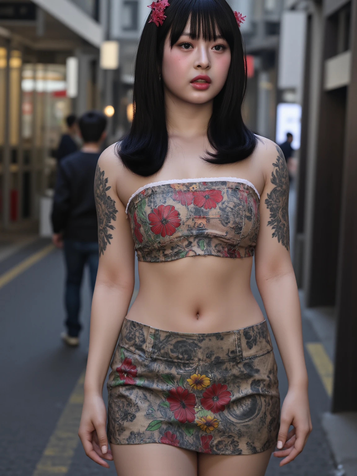 ((G-String and Thong)), Wearing Strapless Bra floral pattern, (masterpiece, best quality), beautiful, wavy hair, perfect face, beautiful face, big gorgeous eyes, open mouth, happy, perfect slim fit body, (outdoor), city streets, new york, bright colors