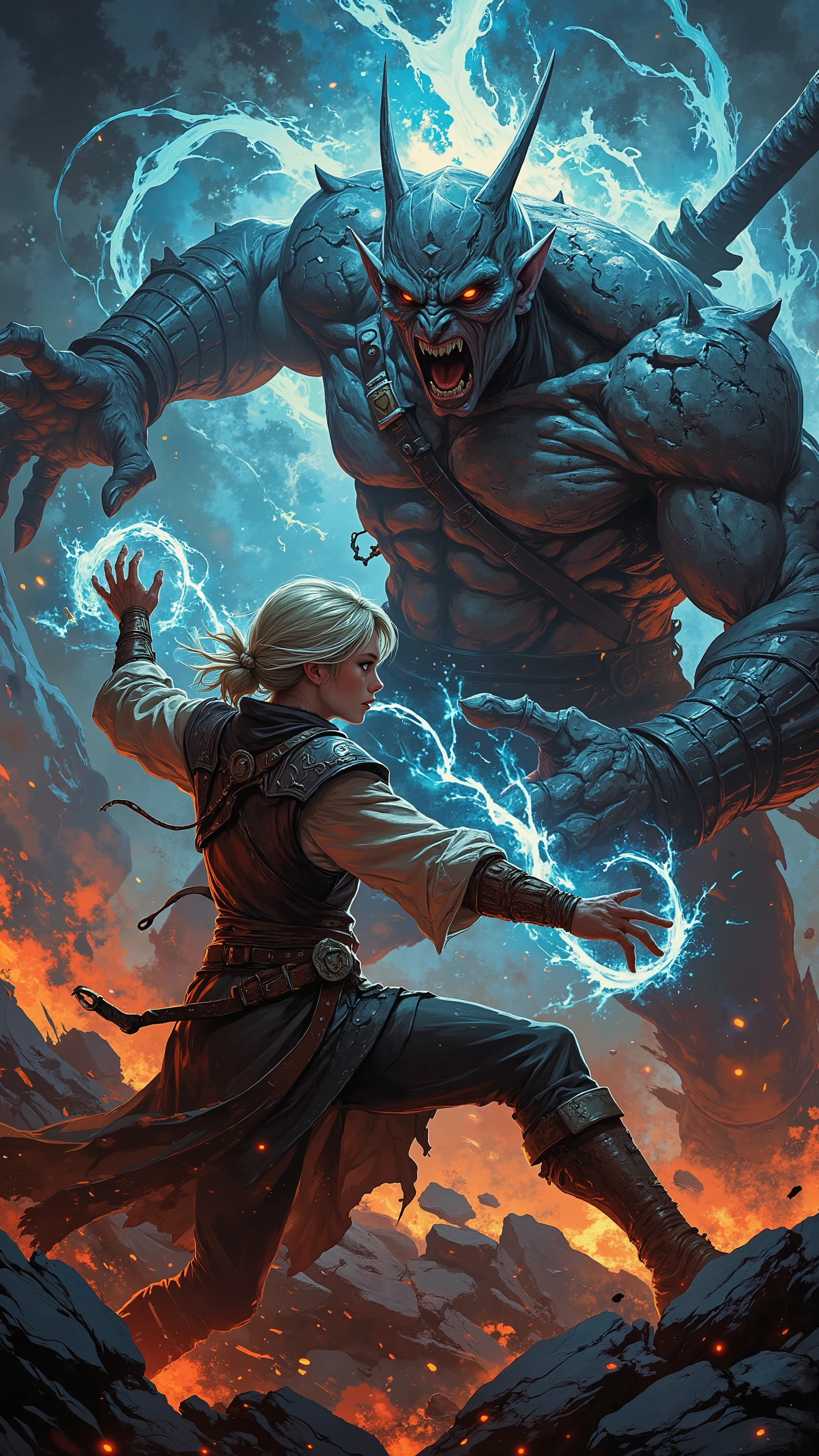 Two fighters confronting each other, a female mage casting spells against an enraged warrior, a tall warrior confronting a mage, fantastic combat, magic effects around the characters, dirty and torn clothes, slightly bloody clothes, best quality , better light, better color, dynamic posture, dynamic point of view, combat movement, blurred background.
