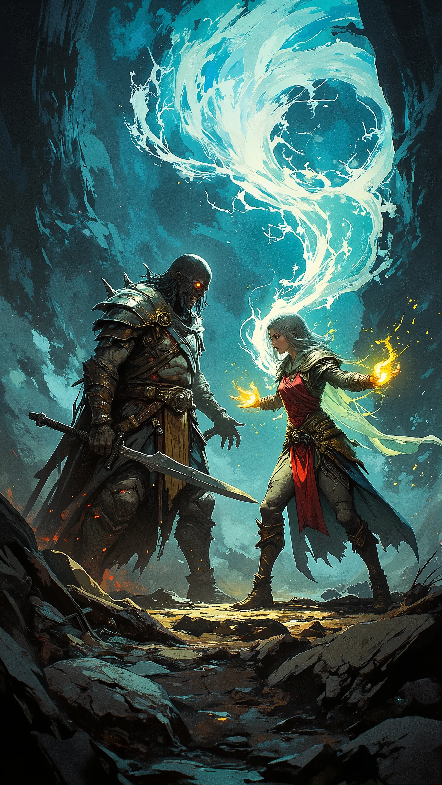 A female mage casting spells, an enraged warrior, tall warrior confronting a mage, fantastic combat, magic effects around the characters, dirty and torn, intricate details, dramatic lighting, cinematic composition, epic fantasy, hyper realistic, 8K, best quality, masterpiece