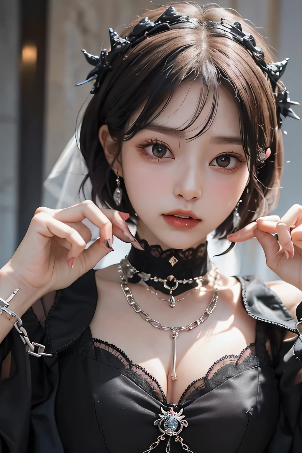 ( best quality :1.3)、( The Greatest Masterpiece:1.3)、 Highest Image Quality、RAW、( perfect body beauty :1.2)、(Night Scene:1.3)、( black dress :1.3)、( luxurious room:1.2)、( chain on hand:1.2)、 has very detailed face and skin textures 、 detailed eyes、double eyelids、 short hair、 boyish、 unisex、 big eyes、 necklace、(( one woman))、 bracelet、 earrings、 choker 、ring、chain accessories、chain、Thick chain collar、(restrain with chains)、((fall to the dark side))、((Evil Princess ))、(( cleavage in years))、 off shoulder、(palace)、(( fantasy castle))、((Devil's Bride))、((Demon Princess))、(Blushing:1.5)、 sexual arousal、( looking at camera )、(chain choker)、(Little devil horns)、((devilize))、(assimilation by the devil)、sexy、Sex Appeal、Eros、Sensual、Alluring
