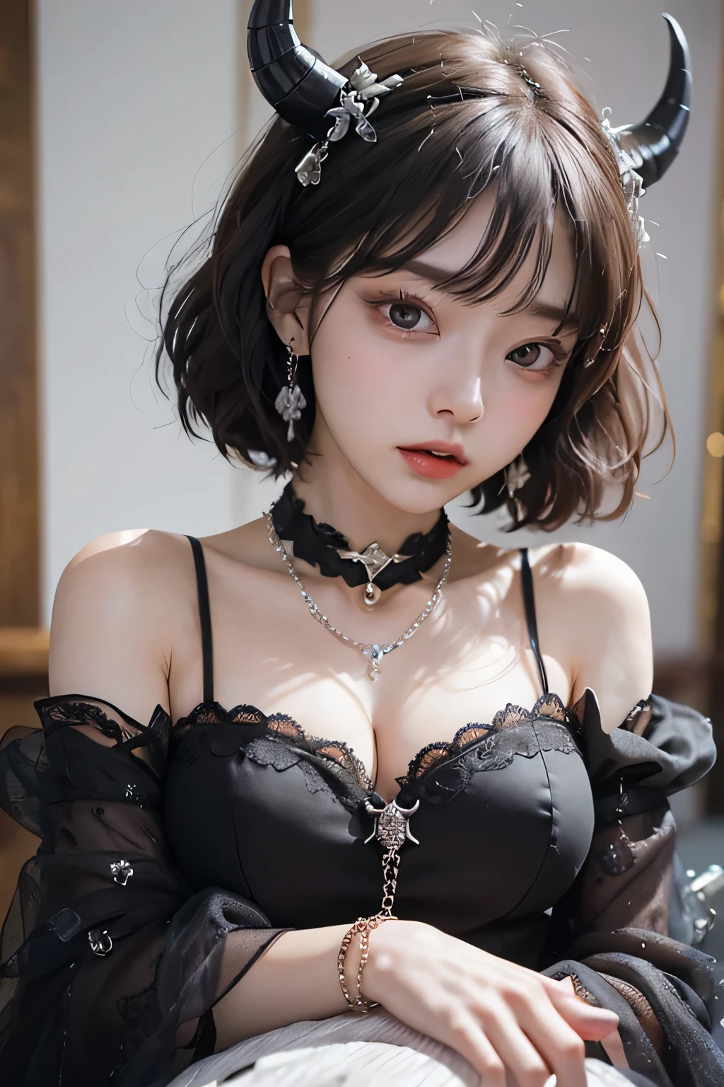 ( best quality :1.3)、( The Greatest Masterpiece:1.3)、 Highest Image Quality、RAW、( perfect body beauty :1.2)、(Night Scene:1.3)、( black dress :1.3)、( luxurious room:1.2)、( chain on hand:1.2)、 has very detailed face and skin textures 、 detailed eyes、double eyelids、 short hair、 boyish、 unisex、 big eyes、 necklace、(( one woman))、 bracelet、 earrings、 choker 、ring、chain accessories、chain、Thick chain collar、(restrain with chains)、((fall to the dark side))、((Evil Princess ))、(( cleavage in years))、 off shoulder、(palace)、(( fantasy castle))、((Devil's Bride))、((Demon Princess))、(Blushing:1.4)、( sexual arousal:1.3)、( looking at camera )、(chain choker)、(Little devil horns)、((devilize))、(assimilation by the devil)、sexy、Sex Appeal、Eros、Sensual、Alluring
