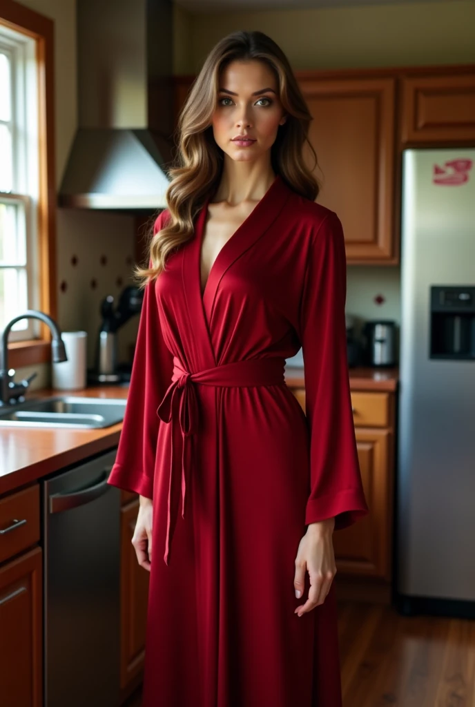 RAW photo, subject, 8k uhd, dslr, soft lighting, high quality, film grain, Fujifilm XT3, A Masterpiece, real life photo, of a seductive english woman ((with Shiny ginger hair and beautiful blue eyes)) smiling, ((detailed hair and skin texture)), wearing a (black coloured) silk shiny dressing gown, neck jewellery,posing for the camera, posing inside a modern well lit kitchen.