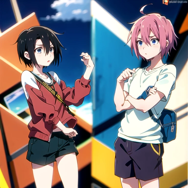 <lora:theo-21:0.85>, theo_style, boy, 2boys, multiple boys, smile, teeth, pink hair, black hair, shirt, sleeveless shirt, long socks, mini shorts,
