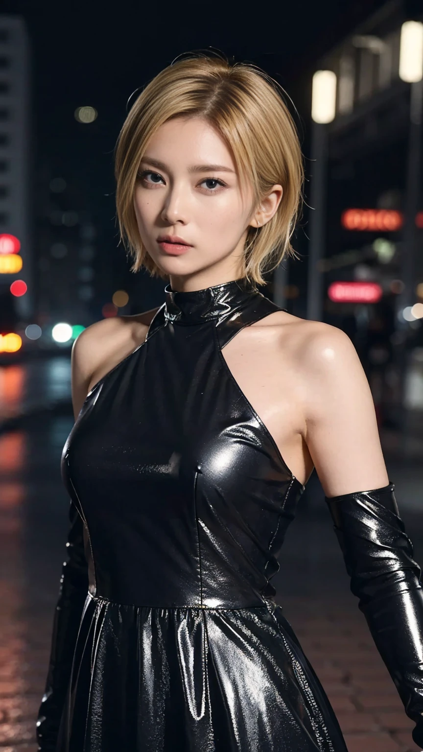 sexyなFace close-up, ((Blonde short hair)), black eye, black cropExcellent, Excellent, Black jacket, black pencil skirt mini, Black boots, Black gloves, 黒いHigh heel boots､sexy, (Short blonde hair), black eye, Black jacket, (black pencil skirt mini), (Black long boots), (Black Leather Gloves), High heel boots､((Portraiture))､masterpiece, 最high quality, high quality, High resolution､((In a dark cave))､Black Theme, ((Stand and pose))､((Face close-up))