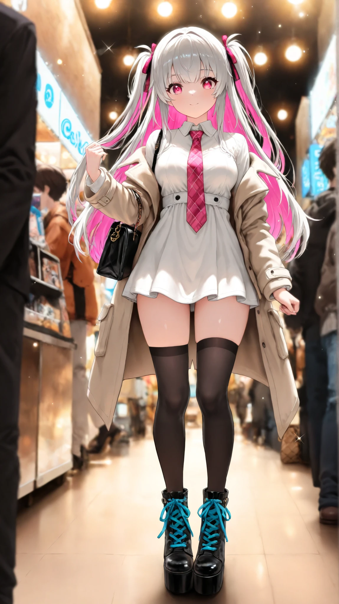 (masterpiece), (high resolution),(8k), (Best quality), ((In the apparel shop Illuminated by multiple lights The pose is natural.)), full shot, (light sparkles), Super detailed backgrounds), (bright skin), (cute eyes), (Complete anatomy:1.2), (anime), (beautiful girl), {solo}, (Medium breasts), {({winter long coat})}, ( White mini dress), (With a handbag,AIU), (plaid tie), (high socks), (platform boots),(colorful shoelaces), {{magenta eyes:1.4}}, (detailed eyes), (eyelashes), (shiny hair), (detailed hair accessory),(design hair ribbon), {Grey long hair}, (magenta inner hair:1.1), (two side up hair:1.1), (Pleased), looking at viewer, (uneasy), magenta inner hair, {Grey long hair}, standing position, wrenchftmfshn,