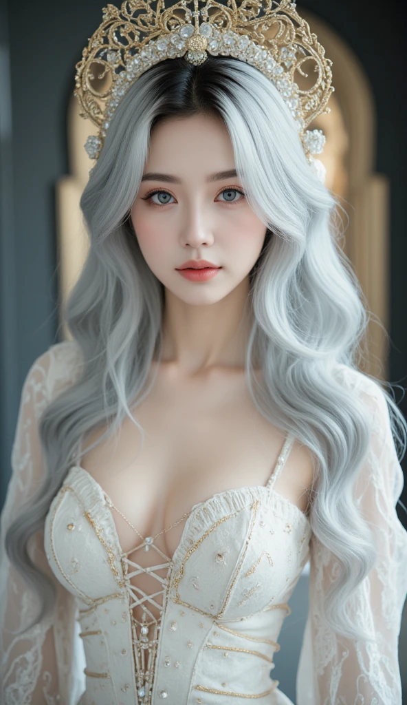 Beautiful girl, blue eyes, long curly white hair witg, detailed facial traits, beautiful earrings, national turkic female dress, naked breasts, naked nipples, yurta behind, it's snowing, sexy pose