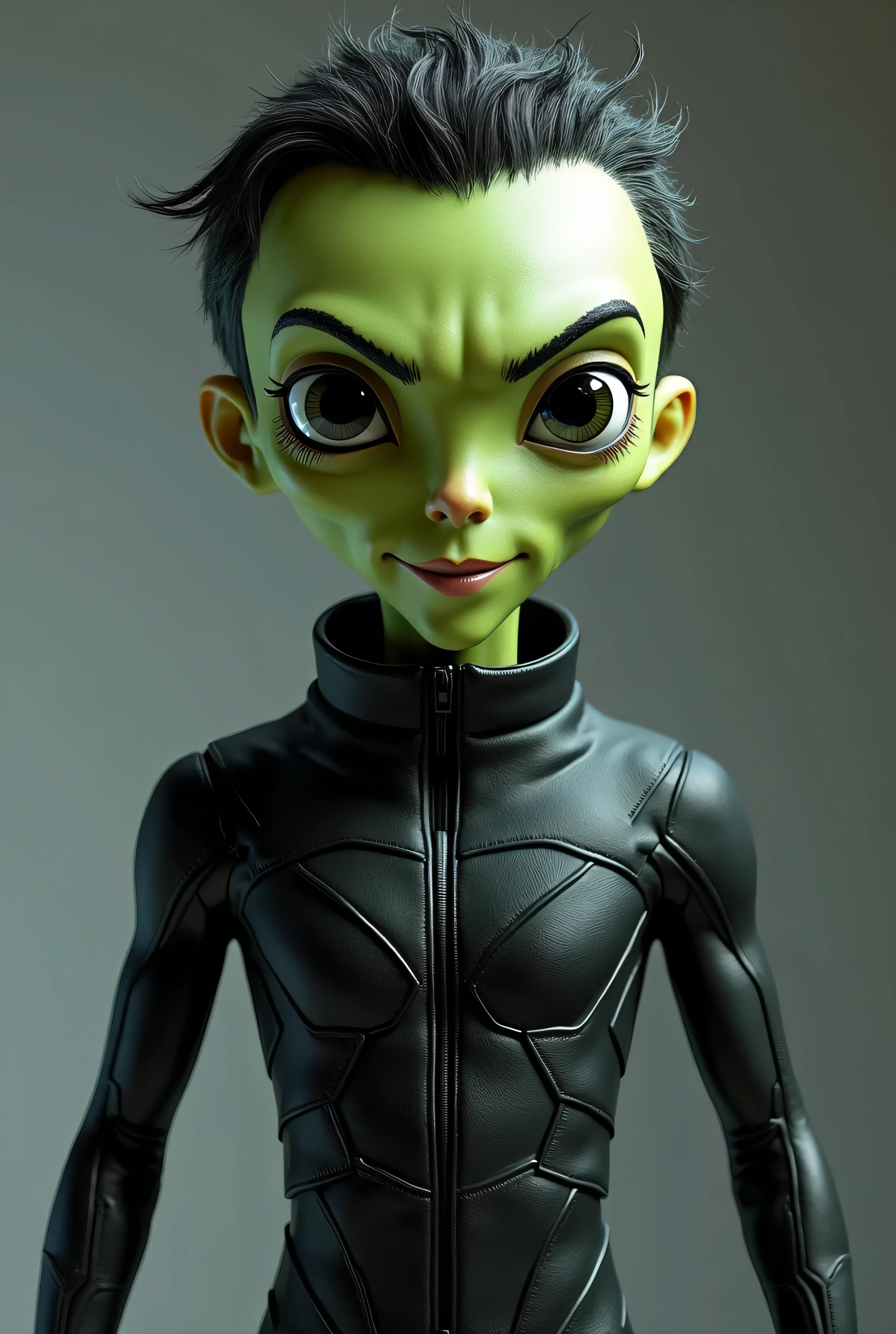 I want a little alien, masculino, verde, sorrindo, Friendly and with a very futuristic background