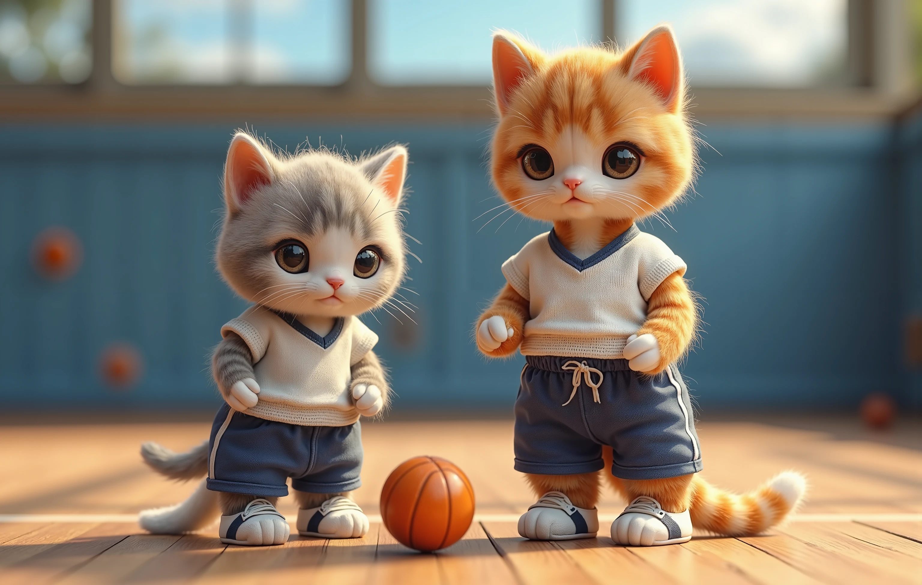  a  cat drawn in size 25, 2 adorable babys , kitten wearing gym clothes ,Top is white,Below are navy blue shorts , shoes, kitten holding a ball , blue sky,Detailed and realistic coat ,,The background is the gymnasium,Realistic cat standing on 2 legs, eyes are like beautiful marbles , ball rolling on the floor