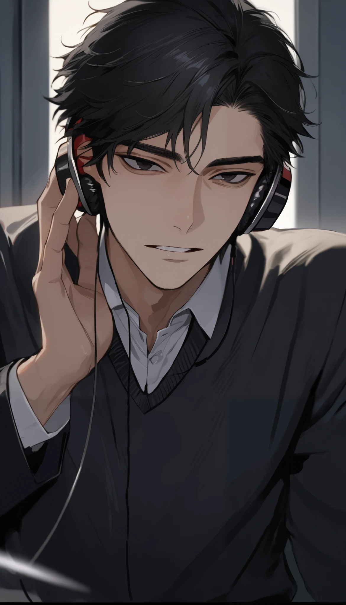 masterpiece, perfect, man, handsome, short to medium black hair, dark eyes, student uniform, cool face, slightly open lips, music student, wearing headphones