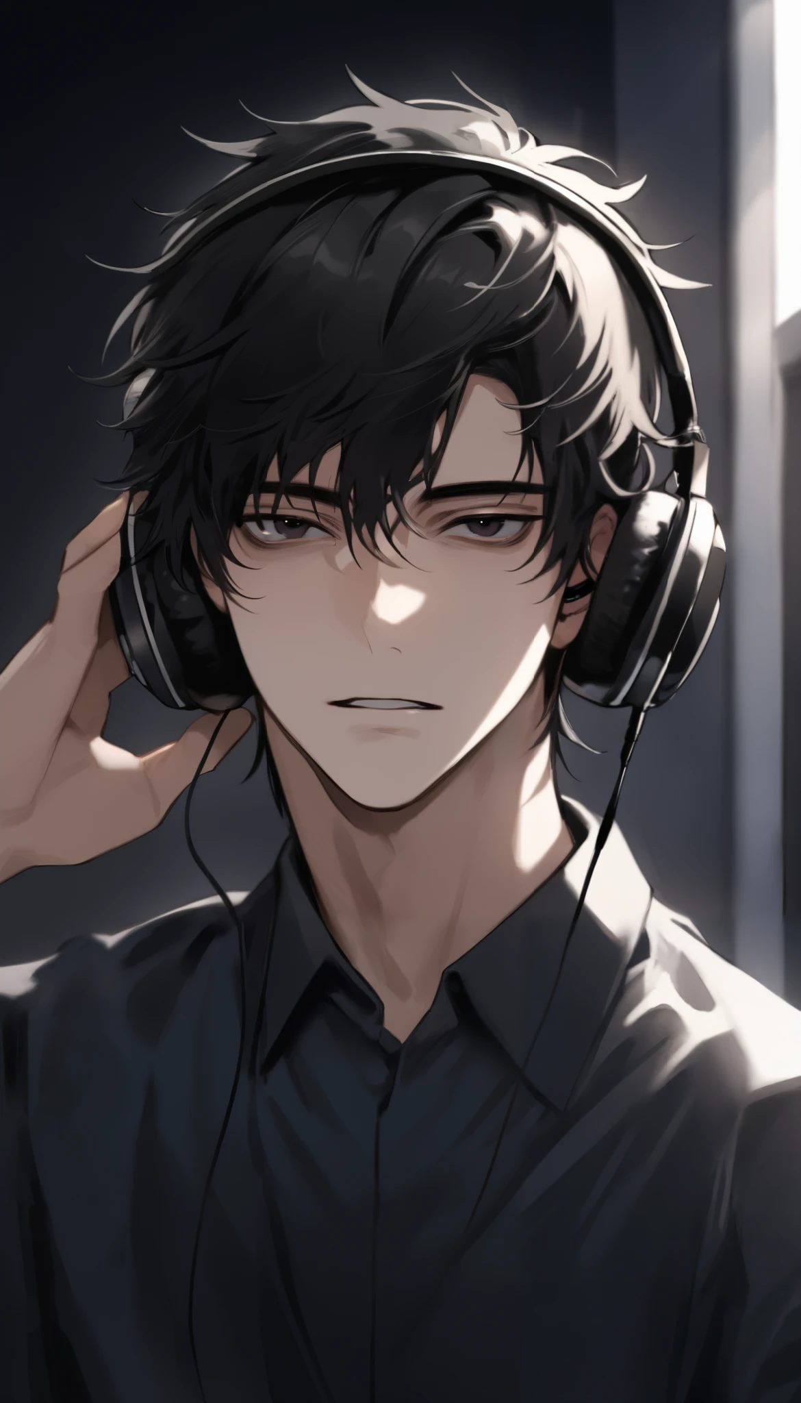 masterpiece, perfect, man, handsome, short to medium black hair, dark eyes, student uniform, cool face, slightly open lips, music student, wearing headphones