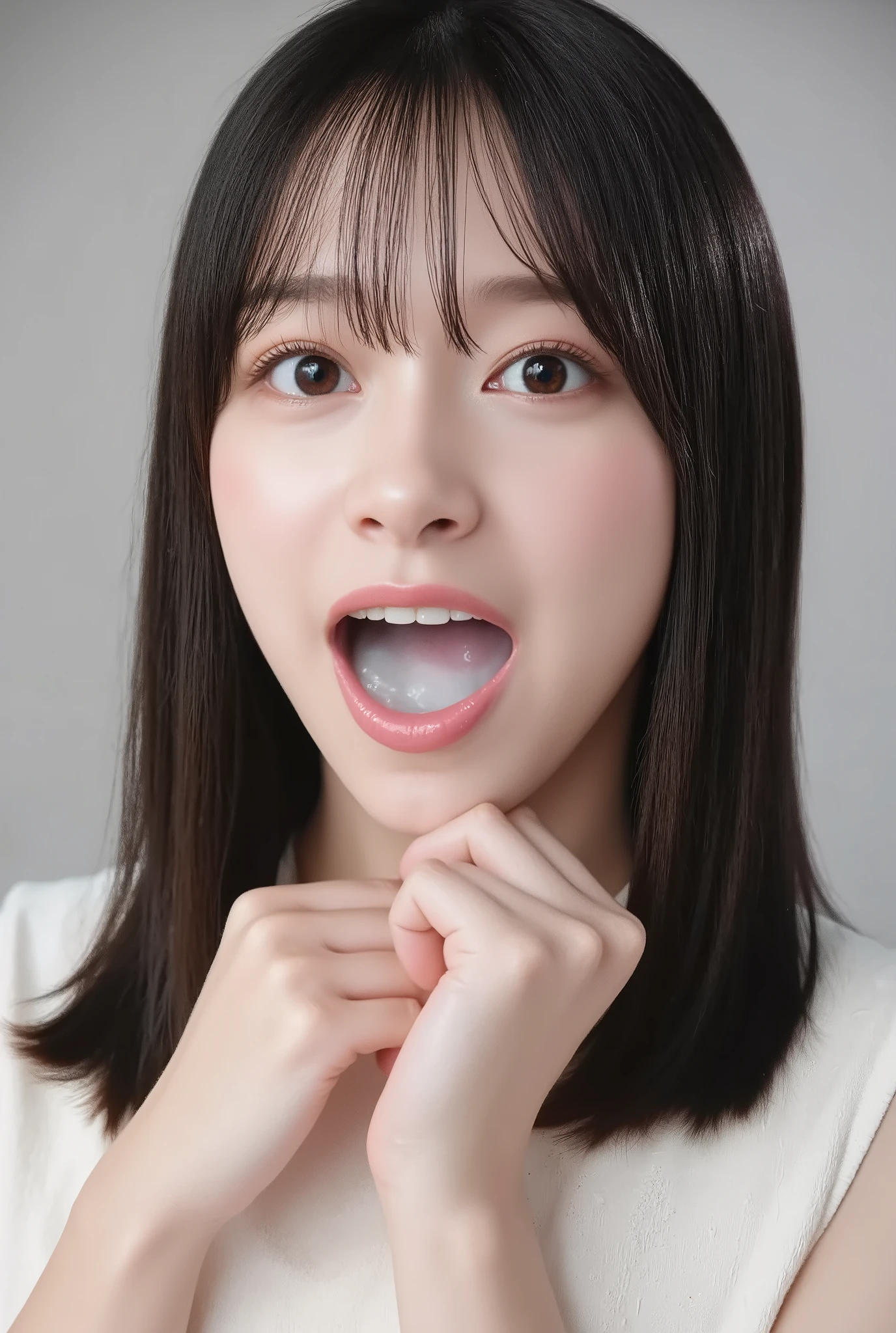 A high resolution photograph of a Japanese young woman, photo realistic, masterpiece, amazing quality, intricate details, professional lighting, solo, 1girl , face focus, black hair, detailed face, surprised face, (fingers brushing her lips), (cum in mouth, open mouth full of white cum:1.4), chin up, looking up at the camera, indoors,