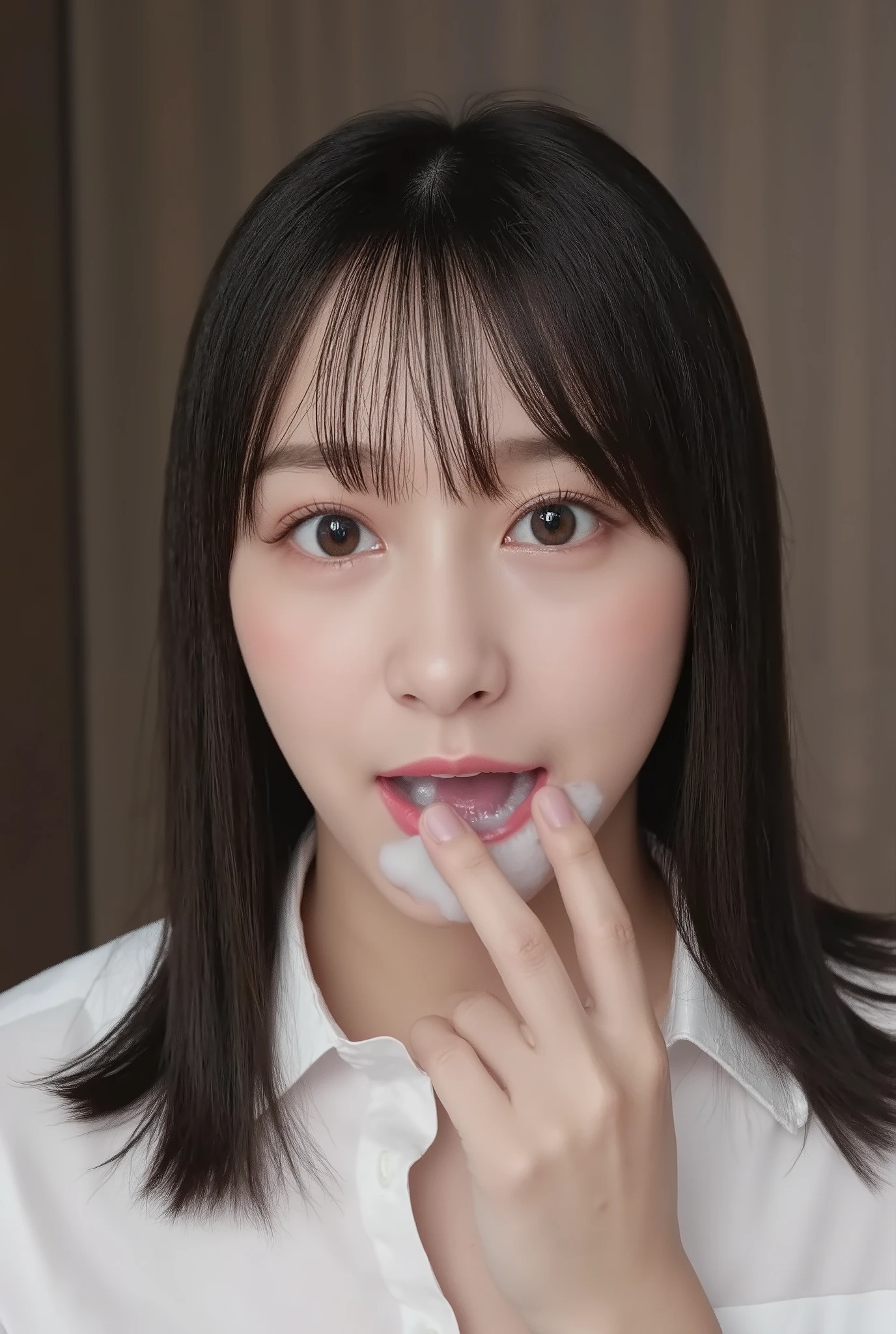 A high resolution photograph of a Japanese young woman, photo realistic, masterpiece, amazing quality, intricate details, professional lighting, solo, 1girl , face focus, black hair, detailed face, surprised face, (fingers brushing her lips), (cum in mouth, open mouth full of white cum:1.4), chin up, looking up at the camera, indoors,