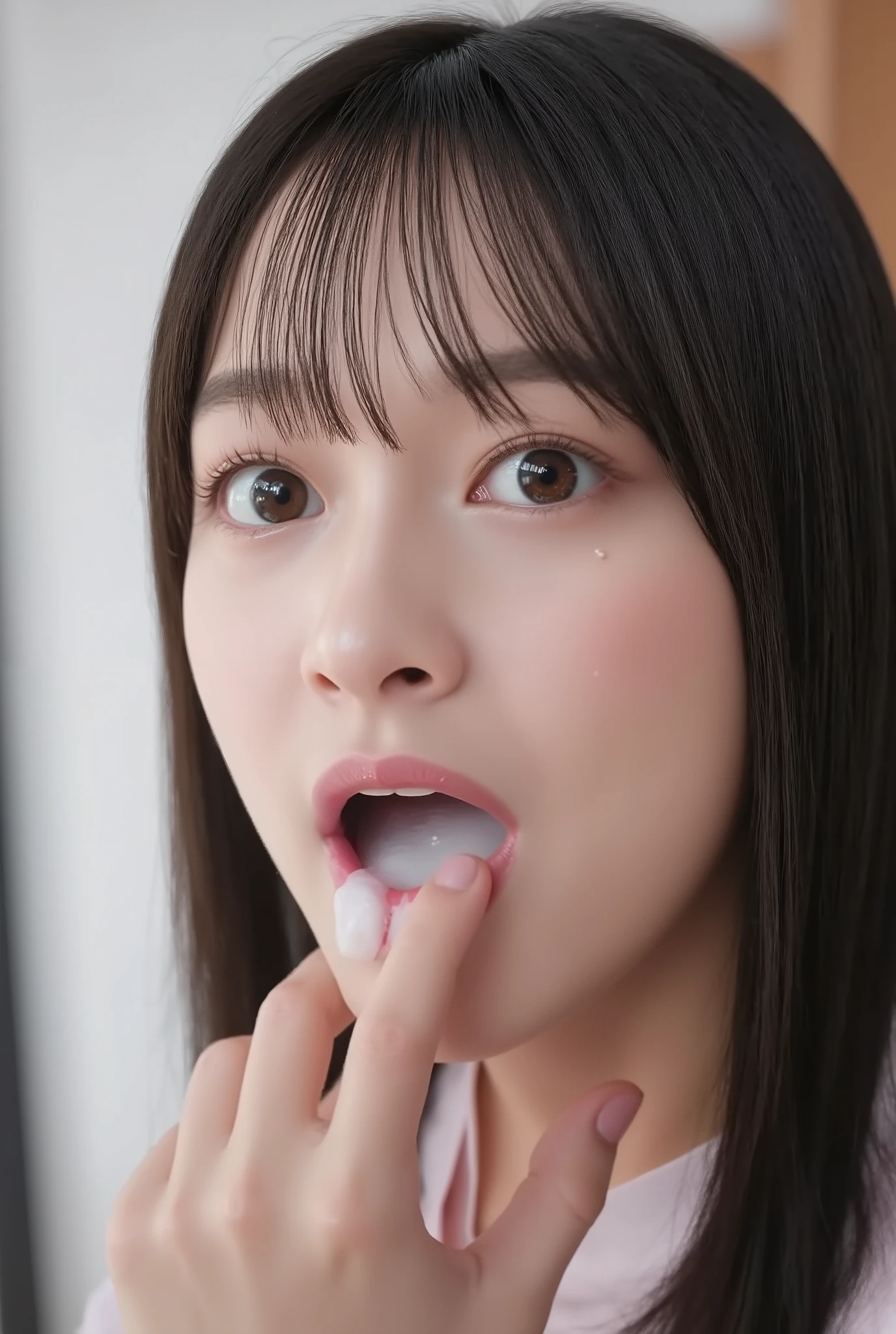 A high resolution photograph of a Japanese young woman, photo realistic, masterpiece, amazing quality, intricate details, professional lighting, solo, 1girl , face focus, black hair, detailed face, surprised face, (fingers brushing her lips), (cum in mouth, open mouth full of white cum:1.4), chin up, looking up at the camera, indoors, 