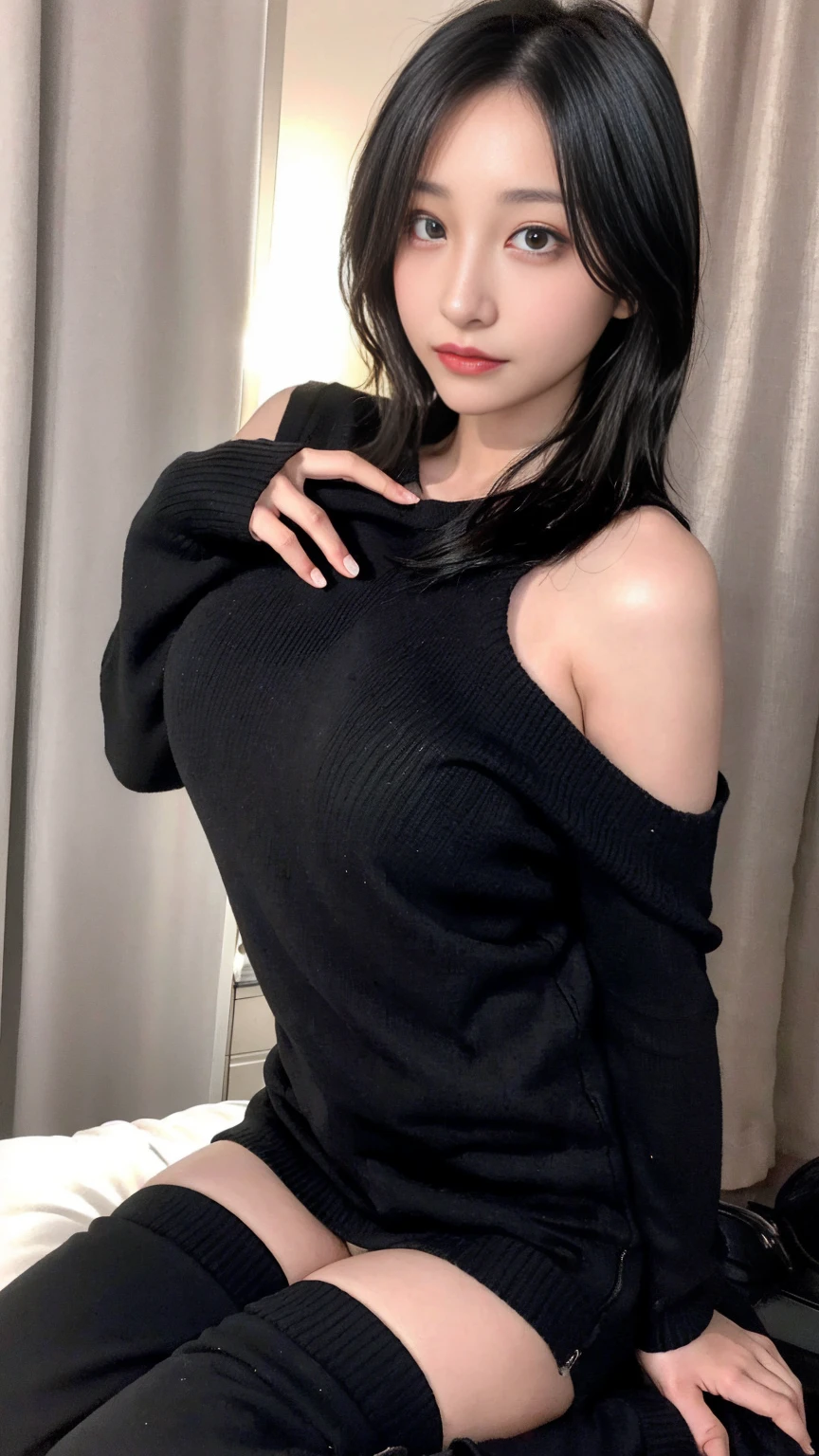 Absurd resolution, A high resolution, (masterpiece:1.4), ((gigantic braests:1.6)), ultra - detailed, 1girll, black color eyes, cabelos preto e longos，Wear a tight sleeveless white long knit dress, the city street,sexyposture, The camera is close to the body