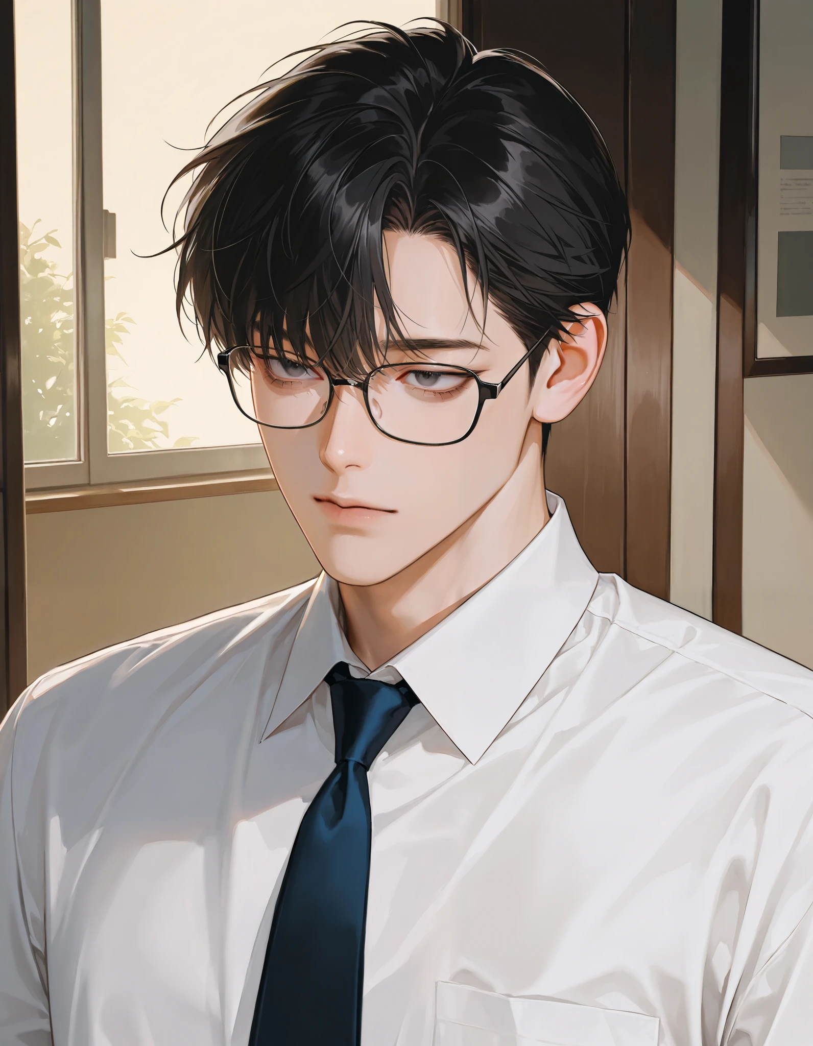 Mature male, handsome, messy black hair, 1 man, dark circles under eyes, short hair, black hair, male focus, handsome man, (professor:1.2), white shirt, tie, semi rimmed glasses, background office, Korean comic style, semi-realistic art , semi-realistic art style, expressive brushstrokes, vibrant brushstrokes, impressionistic painting, realistic skin, realistic hair, realistic details, photo-realistic, high details.