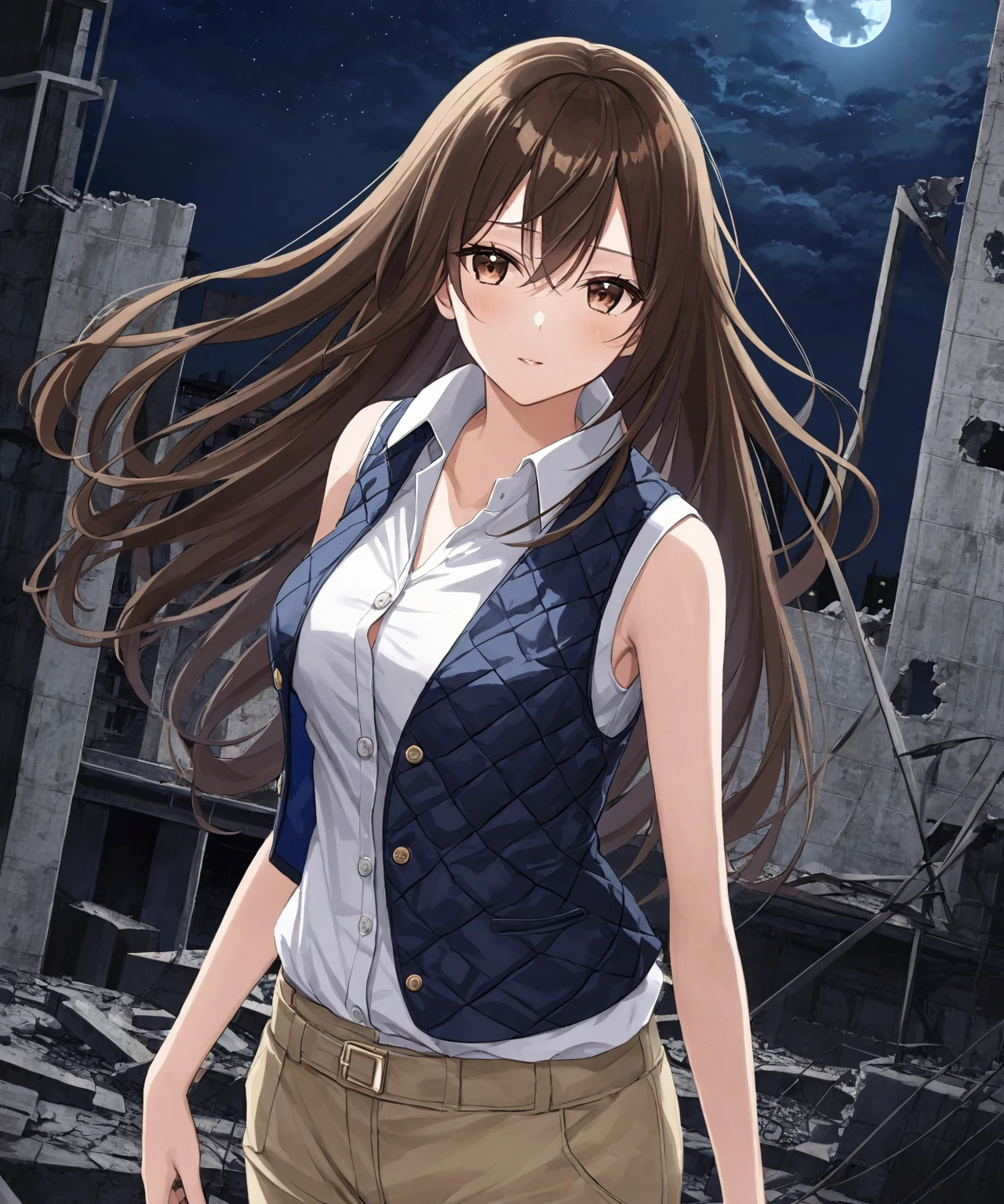 beautiful sexy anime girl with long brown hair & a muscular body, clenching her fists, fight idle pose, wearing white sleeveless button up collared shirt with a blue vest over it & beige khaki pants, in a abandoned urban construction site at night time, 1girl