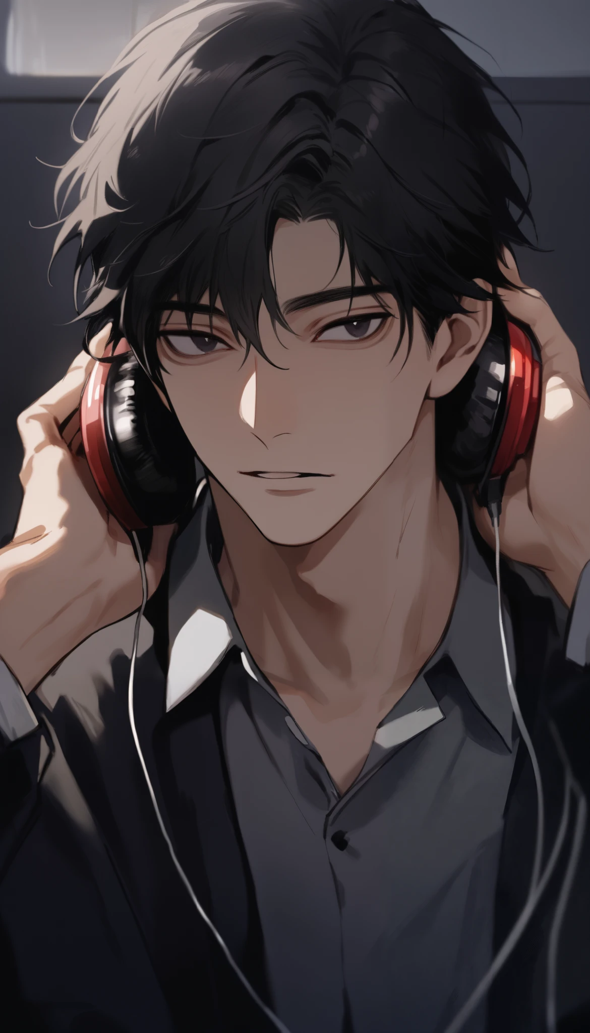 masterpiece, perfect, man, handsome, short to medium black hair, dark eyes, student uniform, cool face, slightly open lips, music student, wearing headphones, 1man, solo, alone