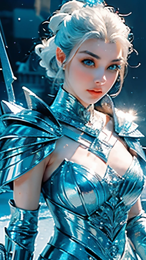 The princess stands before you, clad in an armor of ice that transfigures her into a true queen of the snowy realm. Each armor piece is a frozen masterpiece, crafted with painstaking precision. The shoulder pads exhibit ice spikes, acting as chiseled defenses that glisten with reflected shades of blue and white. Intricate designs of frosted crystals embellish every surface, presenting a mesmerizing display that seems to sway under the light. Translucent plates shield her chest, akin to living glass, reflecting and scattering light into a myriad of shimmering tones. Delicate ice pendants dangle from her armor, emitting a soft,