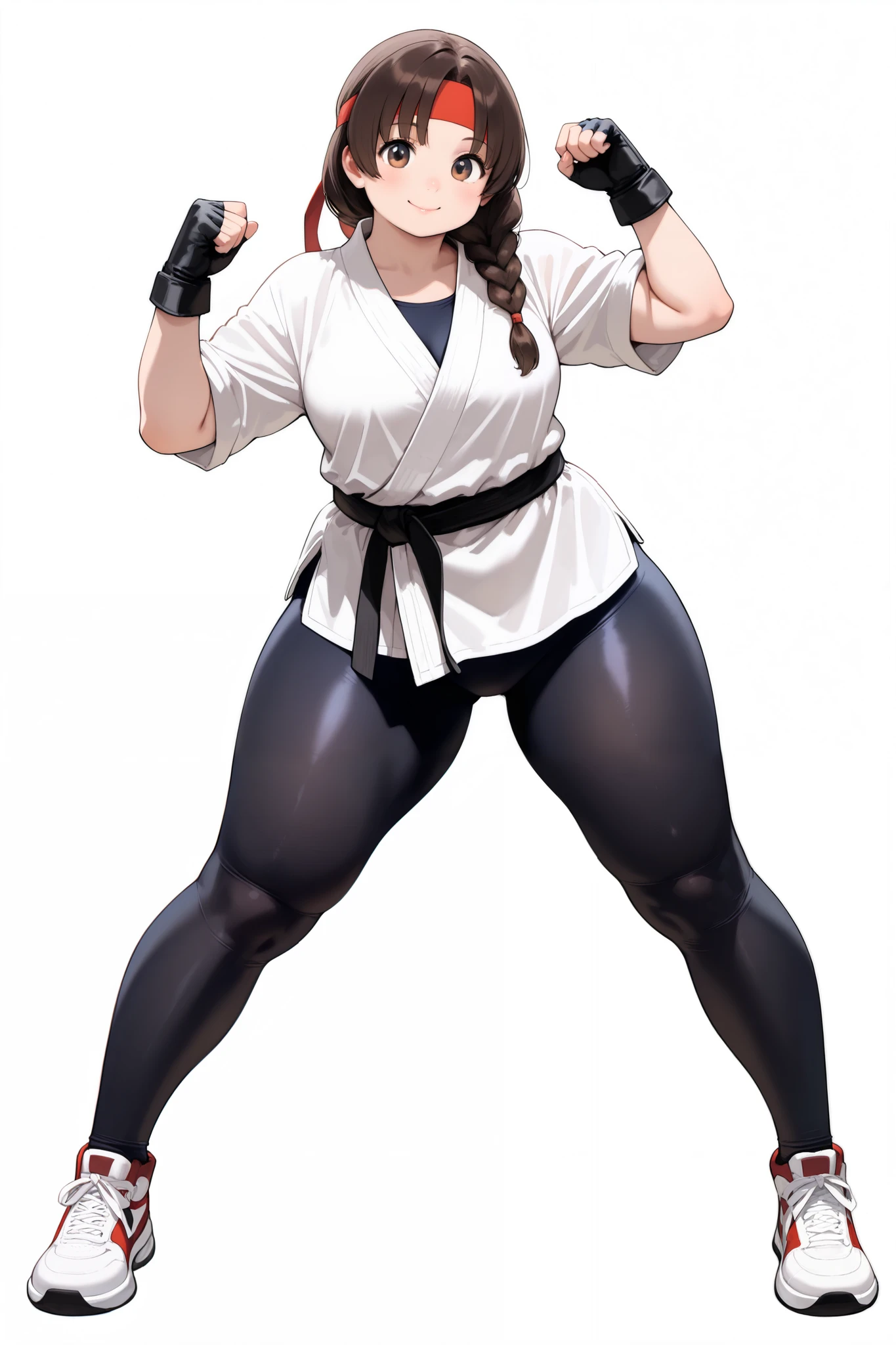 solo girl, score_9,score_8_up,score_7_up, masterpiece, best quality, highest resolution, from front, (chubby woman), wide head, thick legs, Standing, photorealistic, full body, Round face, legs apart, thin waist, big hips, plump thighs, curvaceous, simple background, white background, smile, looking at viewer, focus legs, medium breasts, (Standing in honor), ysakazaki, dougi, sneakers, spandex, headband, fingerless gloves, brown hair, brown eyes, single braid,