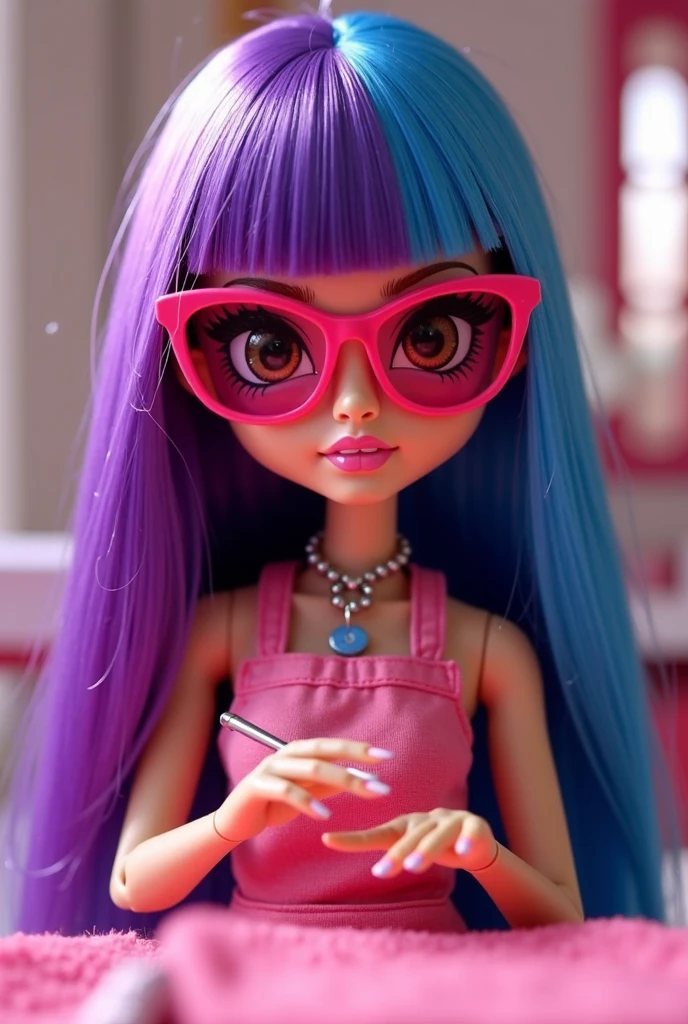  Bratz doll with big brown eyes wearing pink lenses and half of purple hair and the other half blue , with a pink apron doing nails , WITHOUT FRINGE