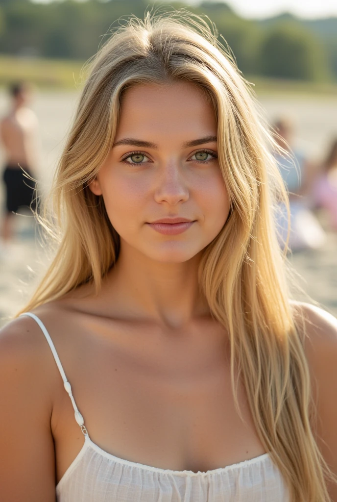 "A photorealistic portrait of a 26-year-old American girl with long, flowing blonde hair and striking blue eyes Wearing white t-Shart looking to the camera. She should have a beautiful smile, approachable expression and be illuminated by soft, golden-hour sunlight. The background should be a scenic outdoor setting, perhaps a sunlit beach. Capture this image with a high-resolution photograph using an 85mm lens for a flattering perspective." 