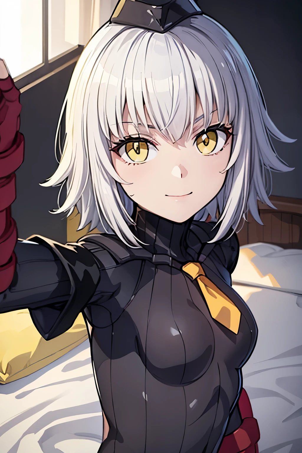 masterpiece, highest quality, (highest quality), (best illustrations), 8k,on the bed, {{{masterpiece}}}, {{{best quality}}}, {{Super detailed}}, {{very delicate and beautiful}},{{{best quality}}}, {{Super detailed}}, masterpiece, highest quality ,(high resolution),(ultra-detailliert), (highest quality), (best illustrations), 8k,{{{masterpiece}}}, {{{best quality}}}, {{Super detailed}},  {{{best quality}}}, {{Super detailed}},face close up,DOLLSUIT,black DOLLSUIT , smile , jalter, white hair, short hair, (yellow eyes:1.5), ahoge,