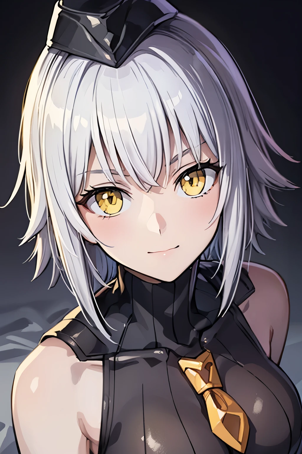 masterpiece, highest quality, (highest quality), (best illustrations), 8k,on the bed, {{{masterpiece}}}, {{{best quality}}}, {{Super detailed}}, {{very delicate and beautiful}},{{{best quality}}}, {{Super detailed}}, masterpiece, highest quality ,(high resolution),(ultra-detailliert), (highest quality), (best illustrations), 8k,{{{masterpiece}}}, {{{best quality}}}, {{Super detailed}},  {{{best quality}}}, {{Super detailed}},face close up,DOLLSUIT,black DOLLSUIT , smile , jalter, white hair, short hair, (yellow eyes:1.5), ahoge,