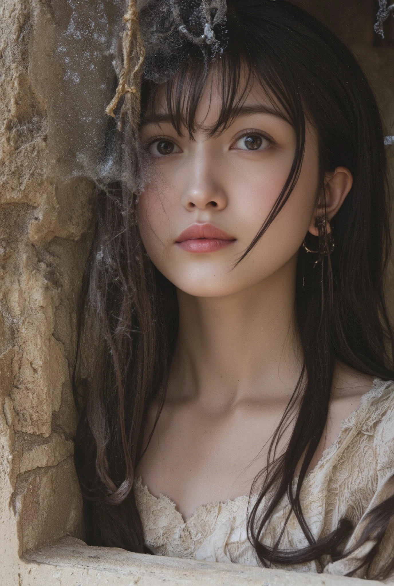 This is a full-body picture of a very beautiful Japanese idol girl in idol clothes. The background is an old Scottish castle . She has medium hair 、 She has a toned, thin figure with small breasts and long, thin legs . She's facing the front and looking at the camera .