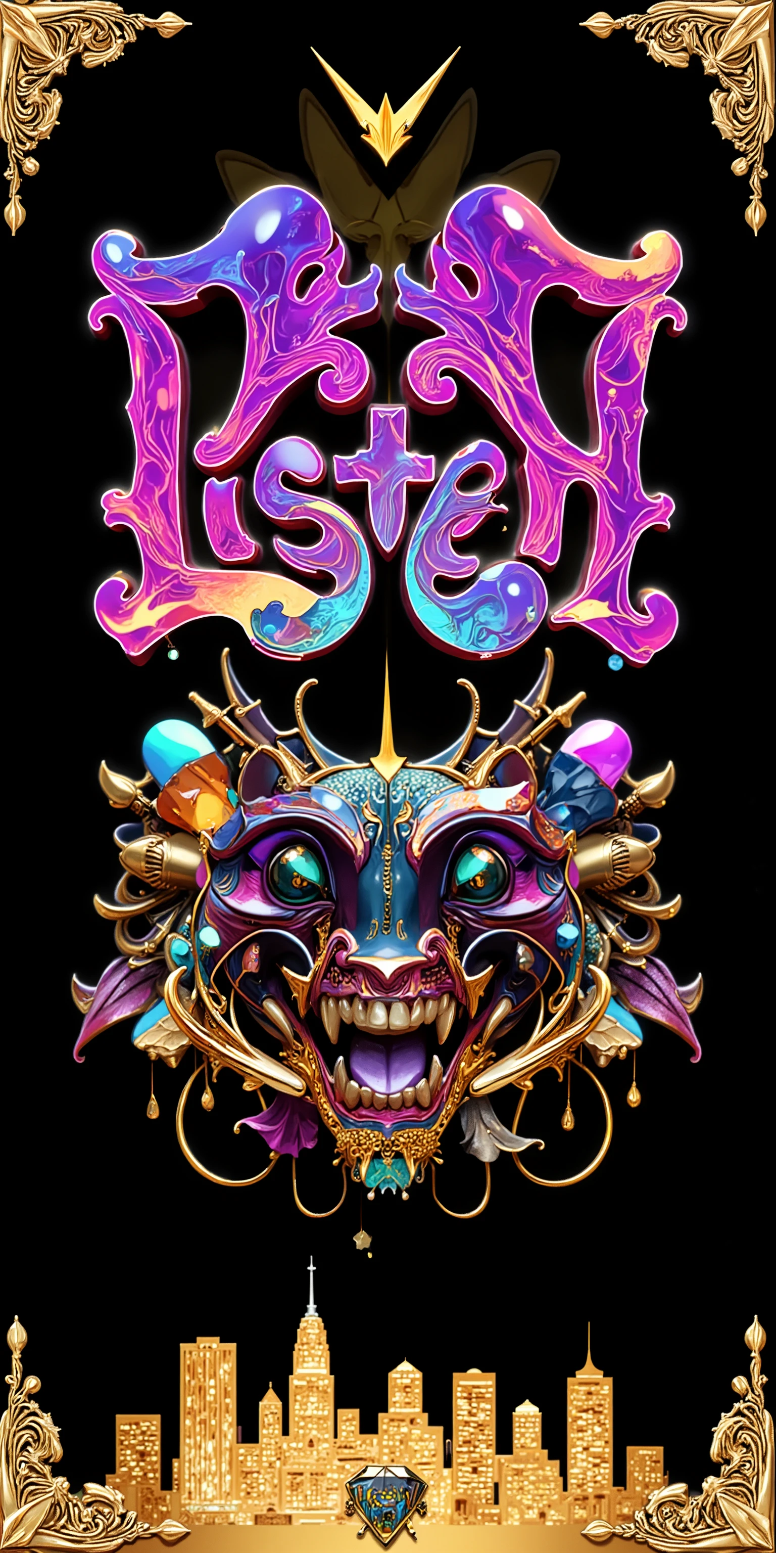 2D Character Nztykle Logo bold text that say "NA LISTEN"::5.6 type glyphs and swooshes diamonds rubies and gems::6.8 Minneapolis Minnesota cityscape 🌆
