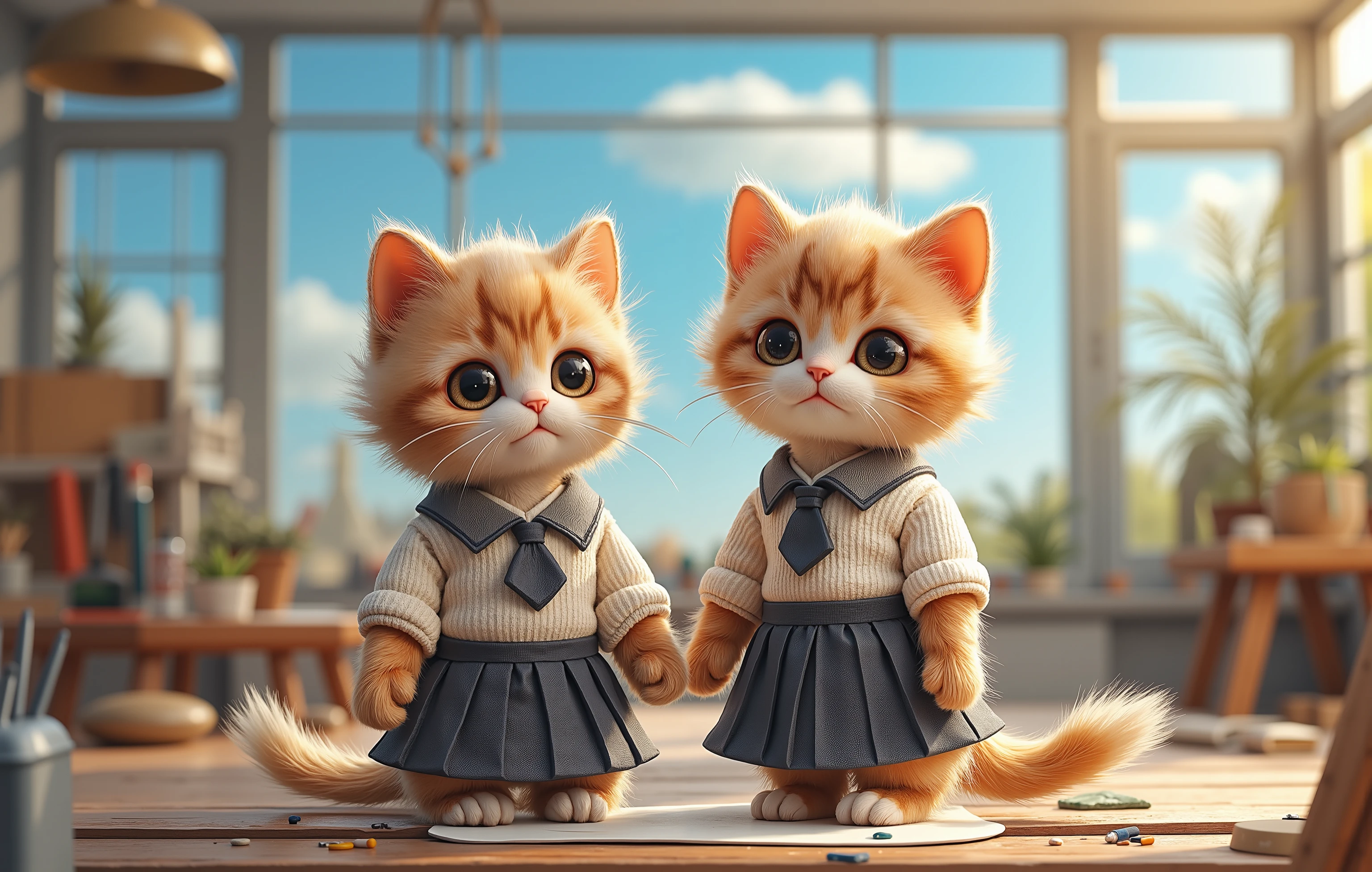 a cat drawn in size 25, 2 adorable babys , wearing a Japanese uniform ,, canvas with the canvas on it, blue sky,Detailed and realistic coat ,,The background is an art room ,Realistic cat standing on 2 legs, eyes are like beautiful marbles ,Kitten standing beside the