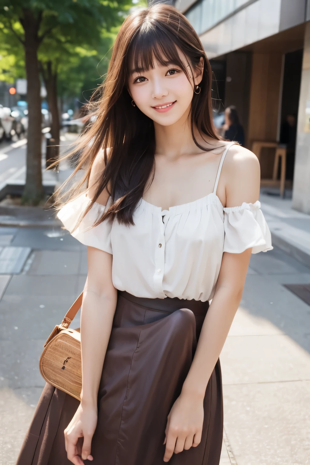 8k, masterpiece, RAW Photos, highest quality, Realistic, Highly detailed CG Unity 8k wallpaper, Depth of written boundary, morning、morningの気持ち良い天気、Cinematic Light, Lens flare, Ray Tracing, (Very beautiful face, Beautiful Lips, Beautiful Eyes), Exquisitely detailed face, ((Highly detailed skin)) One girl, Deep Shadow, Cute Korean Girl, K-Pop Idols, 1 girl, (Very slim slender fit-muscled body:1.3), ((View Viewer)),(Big smile:1.3), (Tight lace blouse), (Olive blouse), (No sleeve) , (Blurred Background), Fashion Street Night),(No people in the background:1.3), Beautiful earrings, bracelet, necklace, pantyhose, Clear Eyes, walk, (Pale skin), (Big eyes), Look forward, ((Upper Body Shot)), ((skirt:1.3)),(Brown Hair),((olivedrab color tight fitting laced skirt)), (See through), (View Viewer:1.3) Open chest, Very slim, Thick thighs, Big Breasts, Hermes Bags , Cleavage、Brown long hair、Thin bangs、Cute smile、Toothy smile