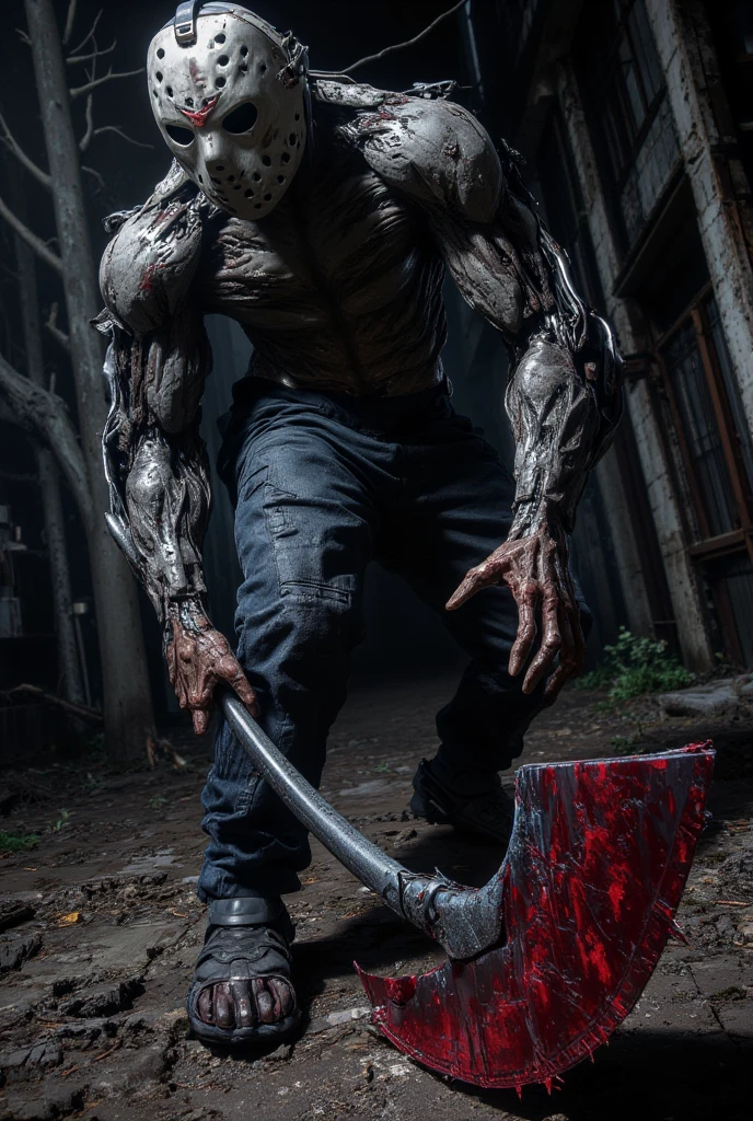 fictional scary male creature with glowing white eyes has a scary smile with sharp teeth has a fit athletic physique wears no shirt is holding a knife , in the bedroom scene of cumming at night , light coming through the window , from front view , 4K , best quality , high détail , Masterpiece artwork