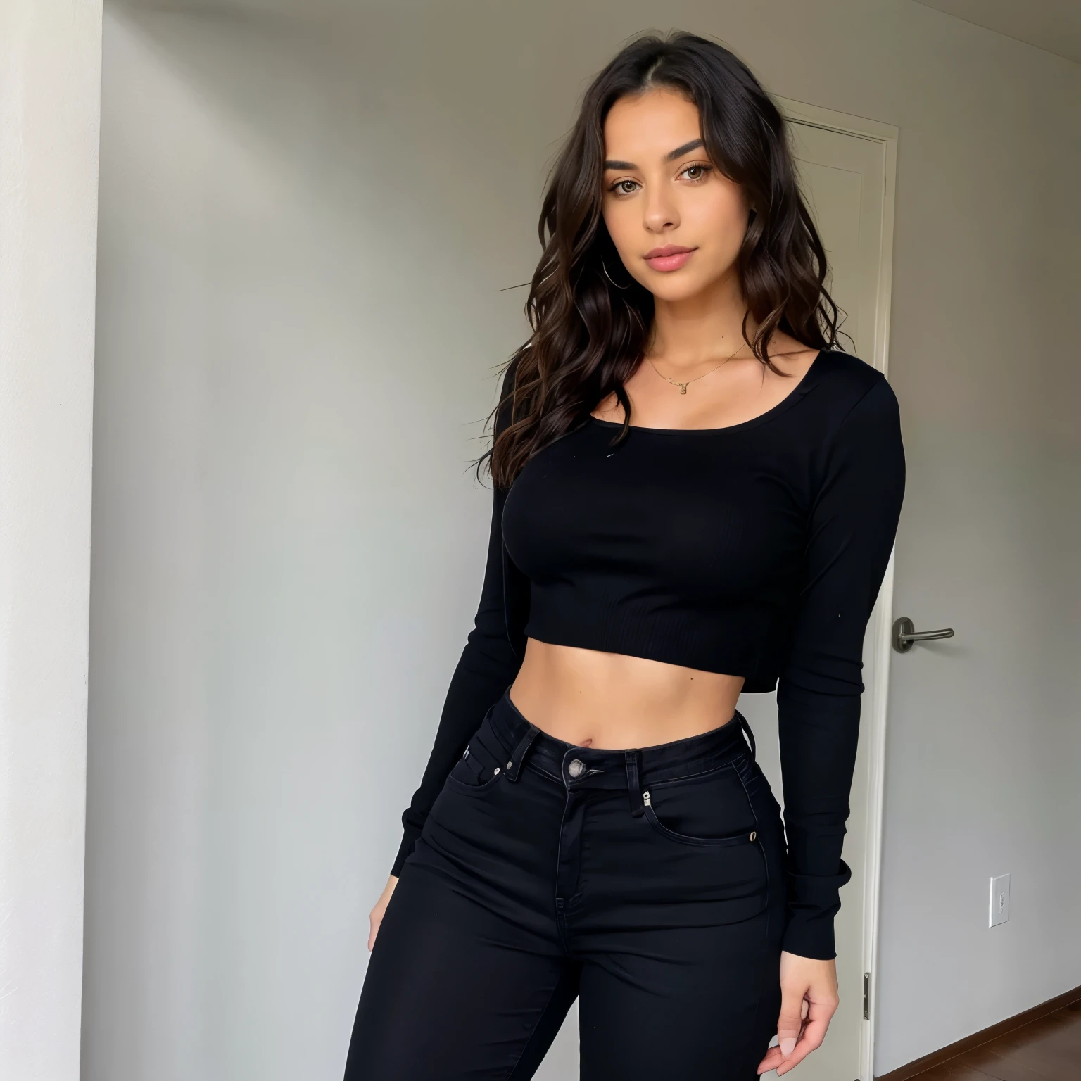 Realistic photo of woman in black shirt and pants at a party 