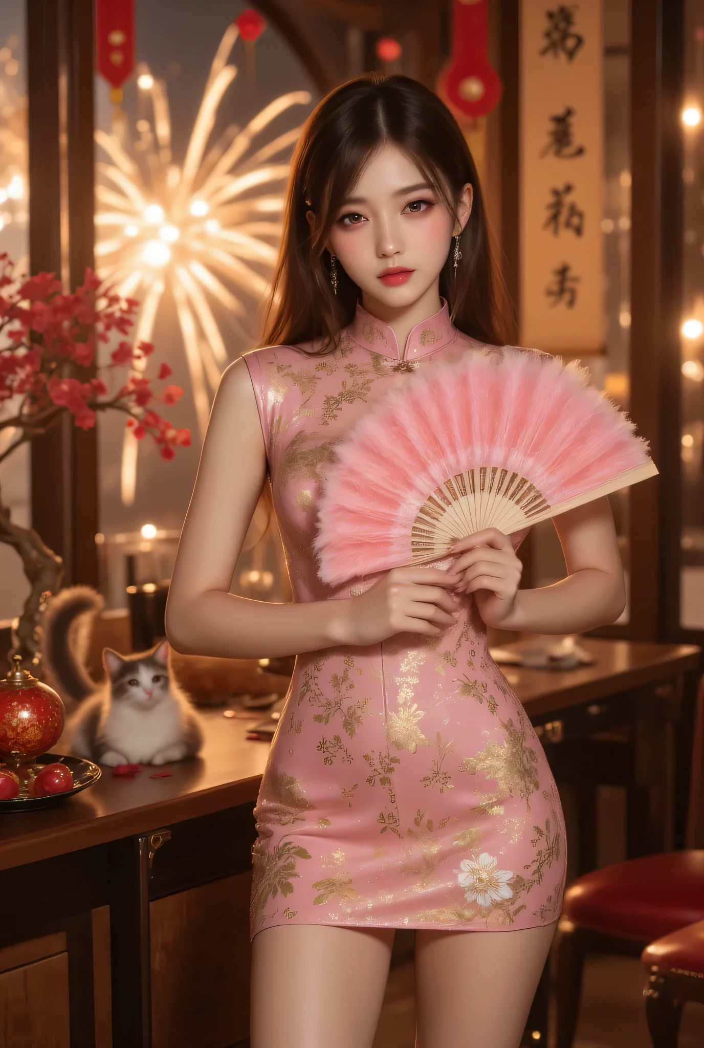 Cat ears、 face up, attractive, pretty girl, ponytail、 (( fine facial features , eroticism)), dramatic lighting , realistic , 8k, Dramatic Shadows , intricate and elaborate patterns , super detailed photo , chiaroscuro lighting , Pleasant colors , deep contrast , super real 、 pink lipstick、 warm room、Vintage Fireplace 、 cinematic composition、Close-up of face, pretty half part transparent open shoulder loose outfits dress, tang style, A beautiful Korean idol wearing a short colourful tightly cheongsam with phoenix and intricate floral golden embroidery, golden and silver outline on dress, hand with pink feathers paper fan and paper fan have golden ink drawing on it, standing gracefully in a room filled with traditional Chinese New Year decorations. The room features vibrant red lanterns, decorative calligraphy scrolls, a small Chinese orange tree with golden ornaments, and several red envelopes scattered across the floor and hanging from the tree. Adorable, playful cats are part of the scene—some sitting near the tree, others curiously pawing at the red envelopes or lounging around. Through a window or an open door in the background, vibrant Chinese fireworks light up the night sky in an array of reds, golds, and blues, casting a magical glow into the room. The idol’s outfit is paired with subtle accessories like red hairpins or earrings, complementing the festive look. The atmosphere is warm and lively, filled with the joyful essence of the celebration, enhanced by the shimmering lights of the fireworks and the lively decor.
