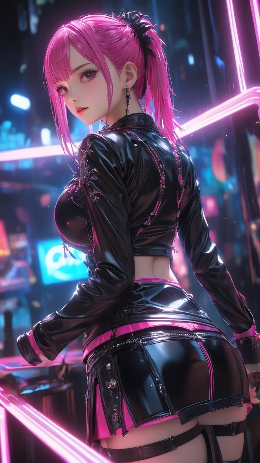 uma menina com peitos atraentre, e com coxas bonitas, em um estilo meio cyberpunk, so que anime