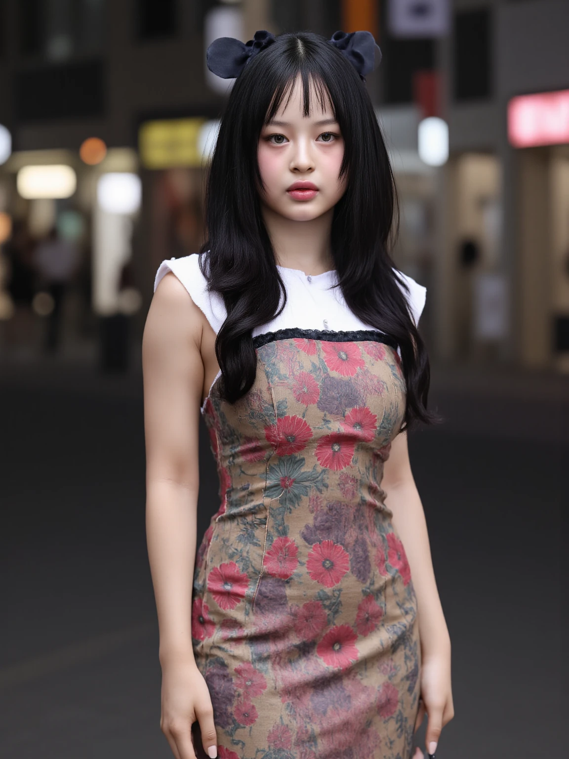 (((best quality))),(((ultra detailed))),(((masterpiece))),illustration,1girl,slim,vibrant rose-pink cotton dress,short ponytail,flat chest,pantyhose,standing, bustling city streets, honking cars,surrounded by crowded crowds, colorful advertisements,enjoying sights and sounds,(dark black skin:1.5),(day scene:1.3),upper body,arms behind back