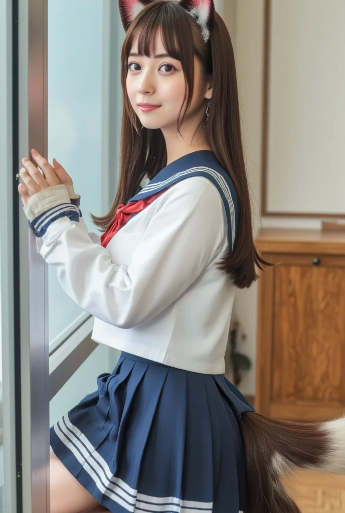 (highest quality,masterpiece:1.3,Ultra-high resolution),(Very detailed、Caustics) (Realistic:1.4, RAW shooting、)Ultra-Realistic Capture、Very detailed、Natural skin texture、masterpiece、(Japanese female student wearing high school short-sleeved summer sailor uniform:1.3)、Adorable expression、Expressions of happiness、、height: 160cm、Young Face、Amazingly cute、Twin tail hairstyle、Straight hair、Scrunchie、Black Hair、light makeup、Larger breasts、Shining thighs、Shining ass、Filmed in a junior high school classroom、Background details、No skirt、Satin fabric panties are visible、smile、An inviting gaze、Anatomically correct、Side or rear shot、Cowboy Shot、Attention to detail、Poses that accentuate the legs、