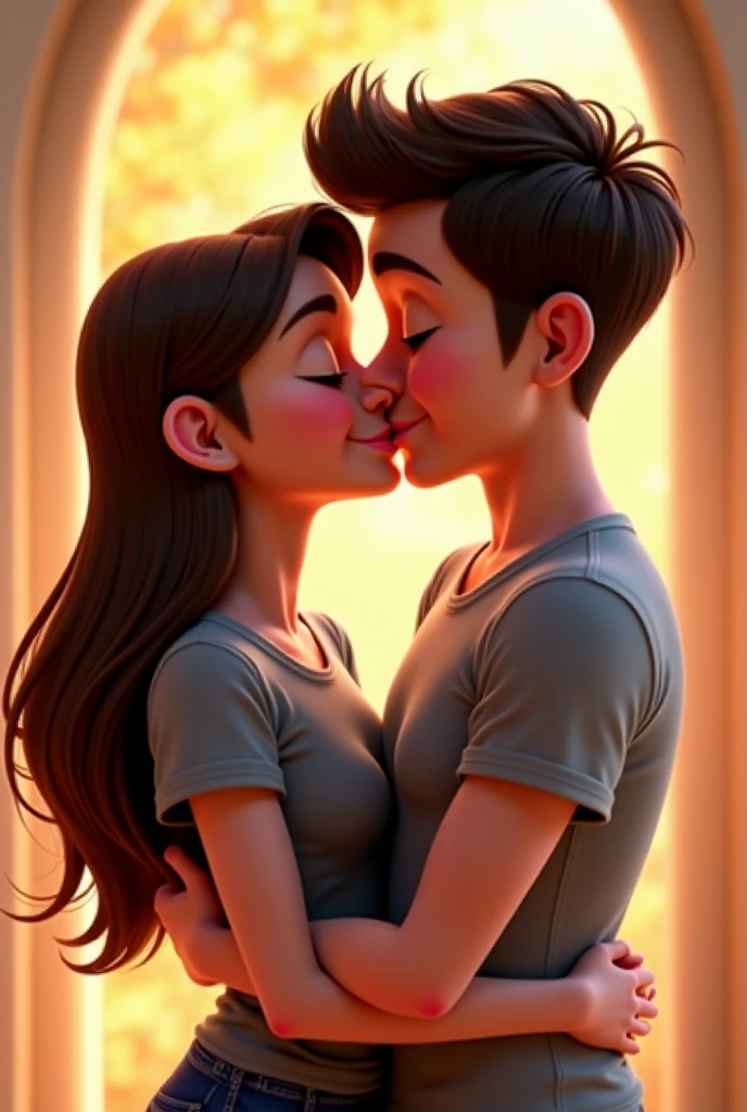 Post with Pixar Disney 3D, The girl has a red blouse and is looking at the camera and the boy is giving her a kiss. The boy has a white shirt with red stripes.