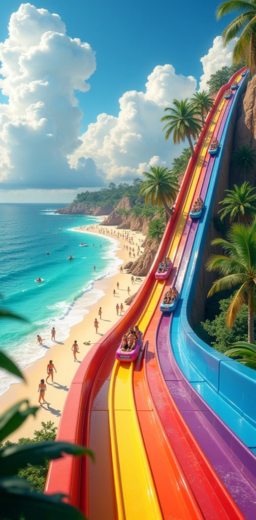 fantasy scenes, Rainbow-colored slides leading from high in the sky to the sandy beach, lots of people sliding happily,