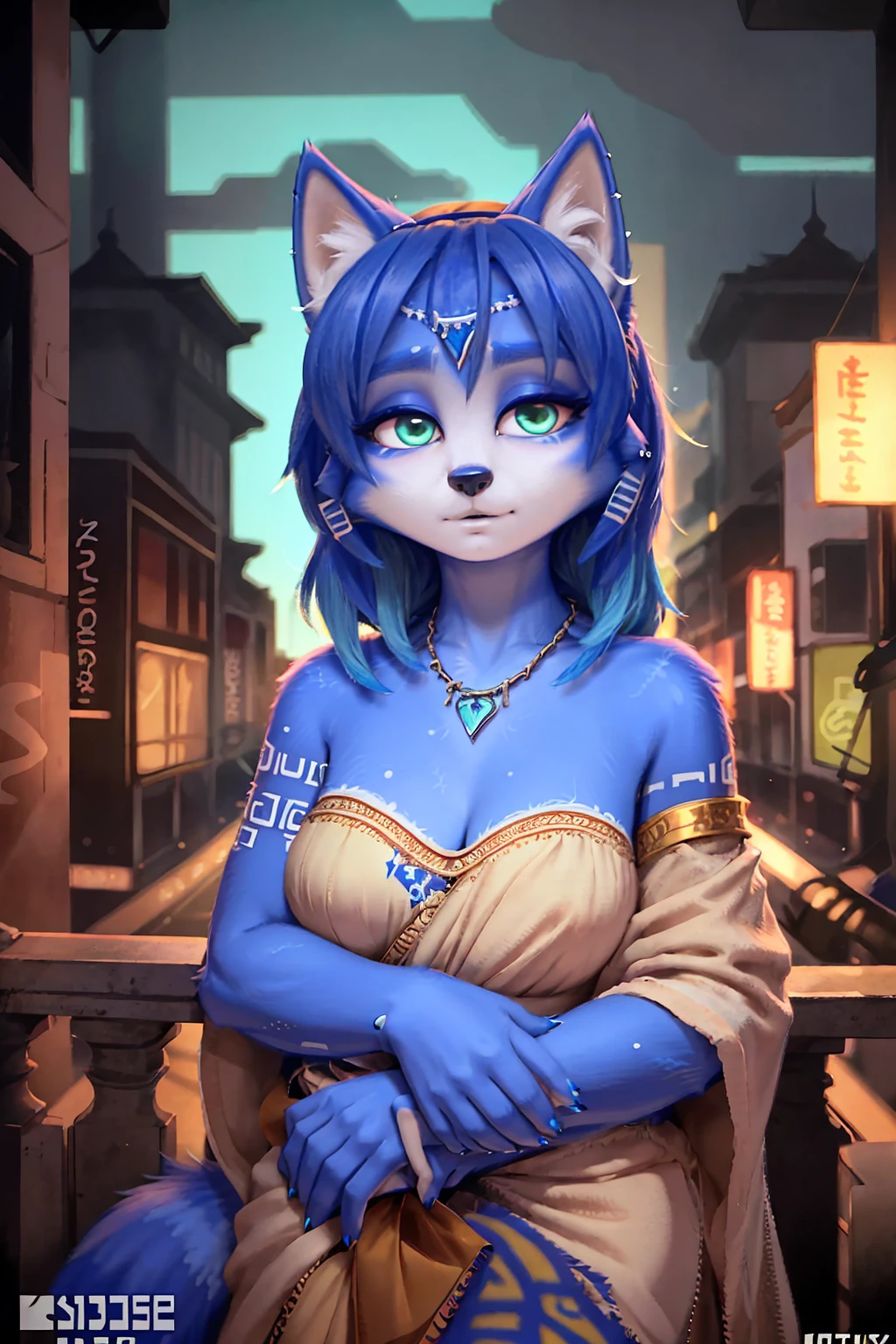 A beautiful and detailed (sweet picture) wa ((krystal)), Star Fox Krystal, sslim, lovable, green eyes, medium breasts, (((Long blue hair 1.3))),  ((black hair tips)), Decollete, grin, look up,, anthro, furry, Uploaded E621, detailed fluffy fur, (wa Fluff-Kevlar, Bayard Wu, personalize me, Pino Daeni), detailed face, (fluffy), 1 girl, alone,  Tribal clothing, sweet girl, alone, 

