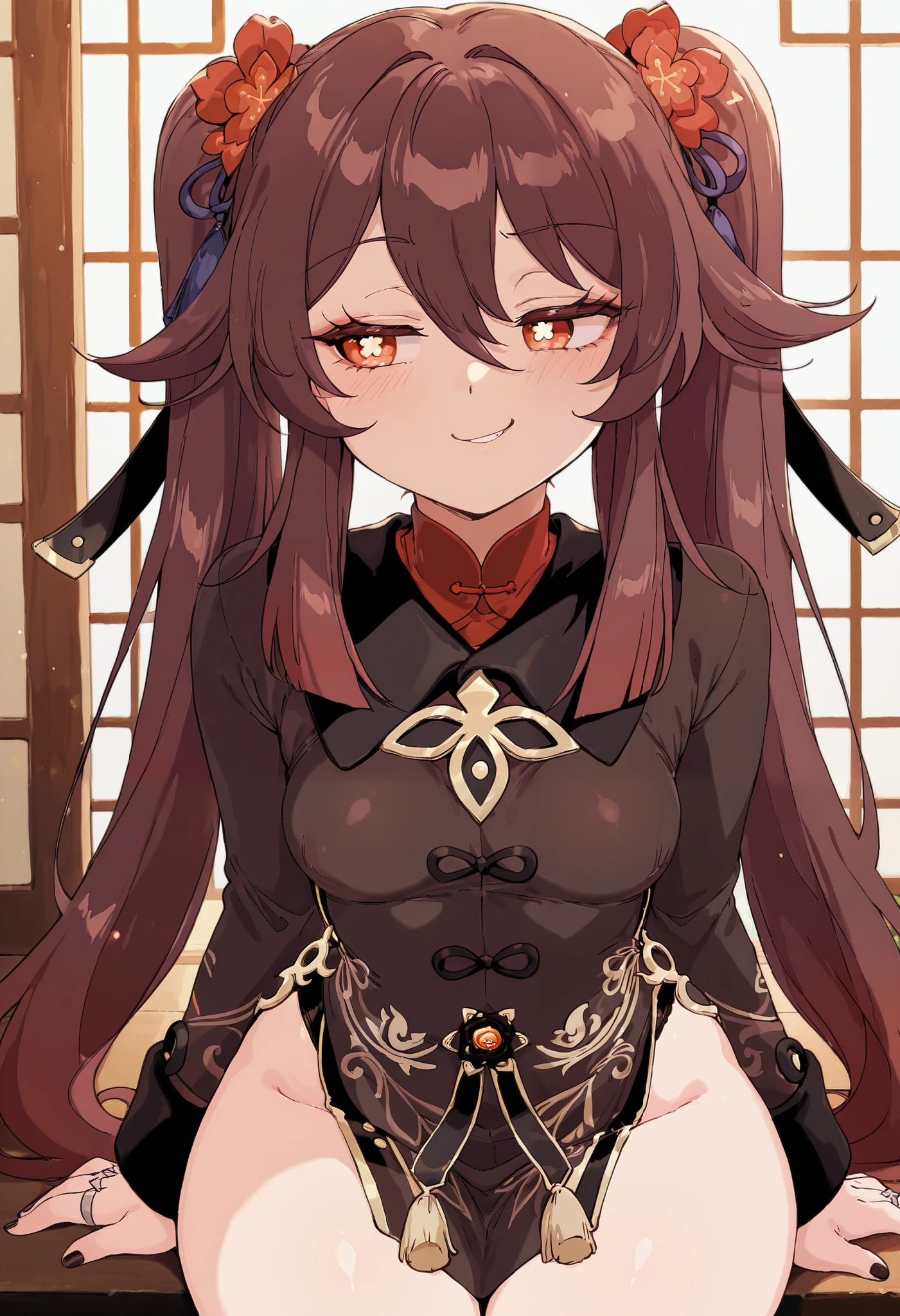 score_9, score_8_up, score_7_up, score_6_up, Bl3th3bn3_Styl3_SKNSFW, masterpiece, best quality, 1girl, hu tao (genshin impact), little breast, asian background, looking to you, smug, smirk