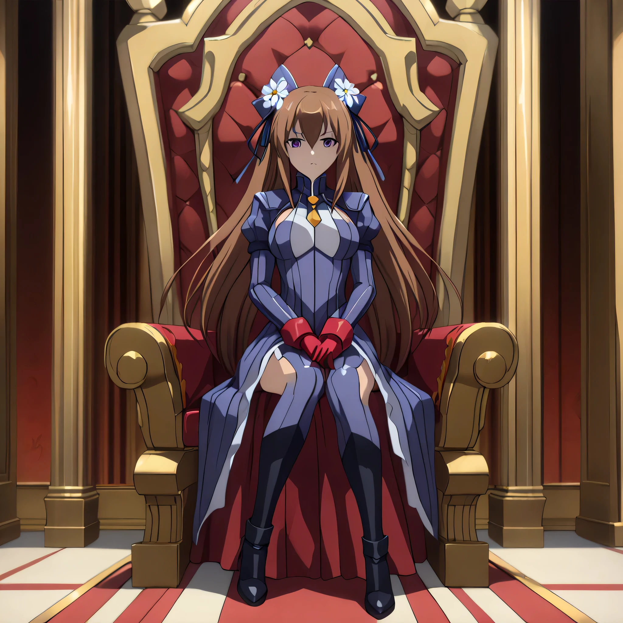 anime, (masterpiece), (best quality), (ultra-detailed), (best illustration), (best shadow), (absurdres), (detailed background), (very aesthetic), shiny, detailed beautiful eyes, outstanding, countershading, detailed soft lighting, an exquisite animation illustration, 1girl, solo, anheang, Dollsuit, thighthigh, dark persona, empty eyes, expressionless, blank eyes, looking at viewer, red gloves, full body, emotionless, Fighting Stance, hair ornament, large breast, huge breast, charlotte_olis, brown hair, side drill, purple eyes, hair flower, hair ribbon, long hair, very long hair, anime screencap, (((sitting on throne, sitting, throne room background)))