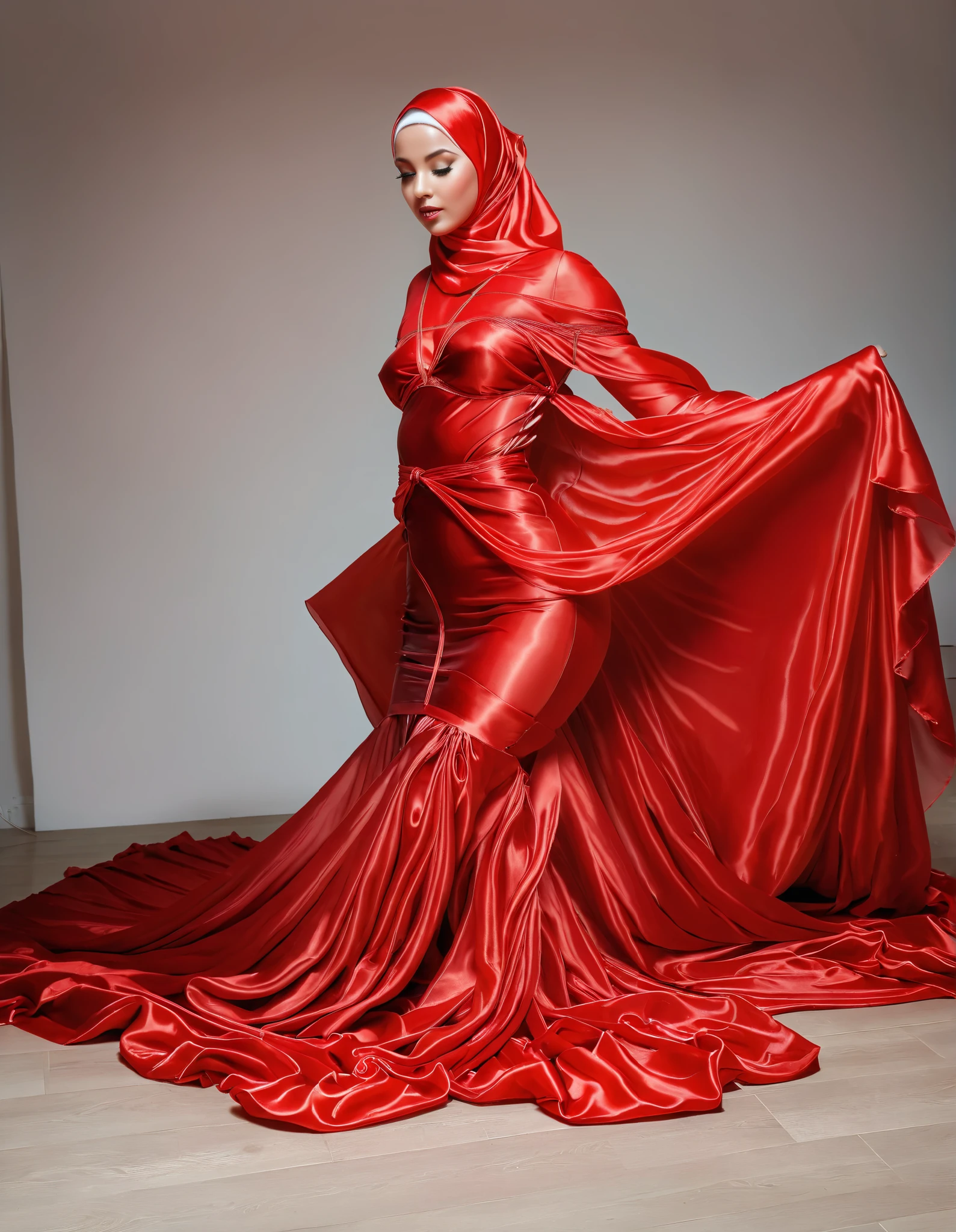 A woman shrouded in a 10-meter-long, plush red satin cloth, ballon sleeves,tight from the waist to the thighs, tightly bound and grandly draping along the form of her body, flowing off into a pooled floor-length train, styled in a mermaid-inspired outfit, her head modestly veiled in a satin hijab, tall woman, walk in photo studio, a full-body pose conveying a sense of elegance, captured in a 4k resolution, ultra-realistic