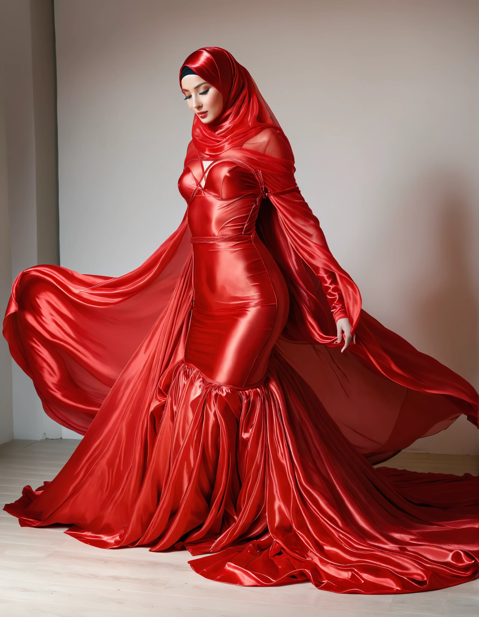 A woman shrouded in a 10-meter-long, plush red satin cloth, tightly bound and grandly draping along the form of her body, flowing off into a pooled floor-length train, styled in a mermaid-inspired outfit, her head modestly veiled in a satin hijab, tall woman, in photo studio, a full-body pose conveying a sense of elegance, captured in a 4k resolution, ultra-realistic