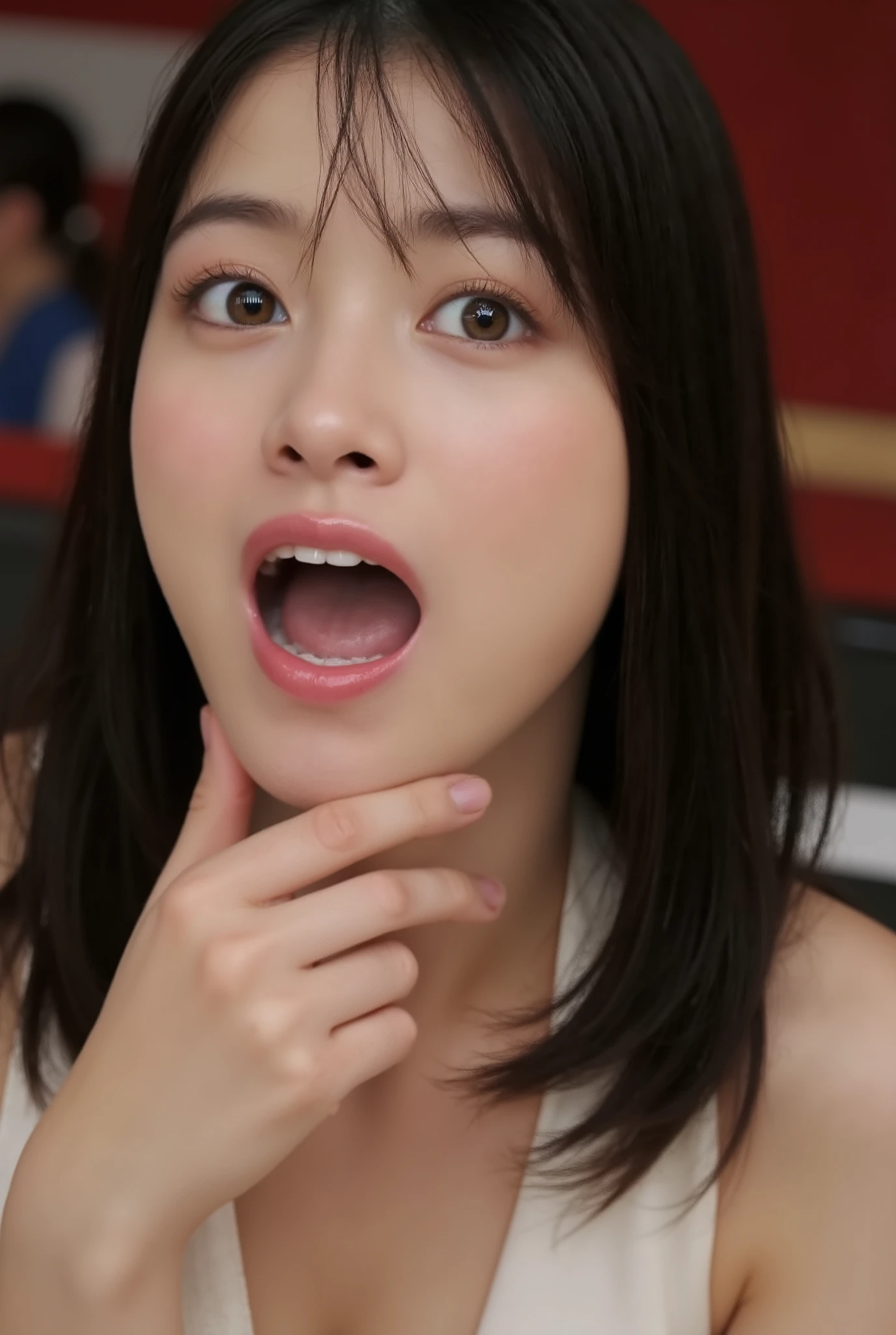 A high resolution photograph of a Japanese young woman, photo realistic, masterpiece, amazing quality, intricate details, professional lighting, solo, 1girl , face focus, black hair, detailed face, surprised face, (fingers brushing her lips), (cum in mouth, open mouth:1.4), chin up, looking up at the camera, indoors,
