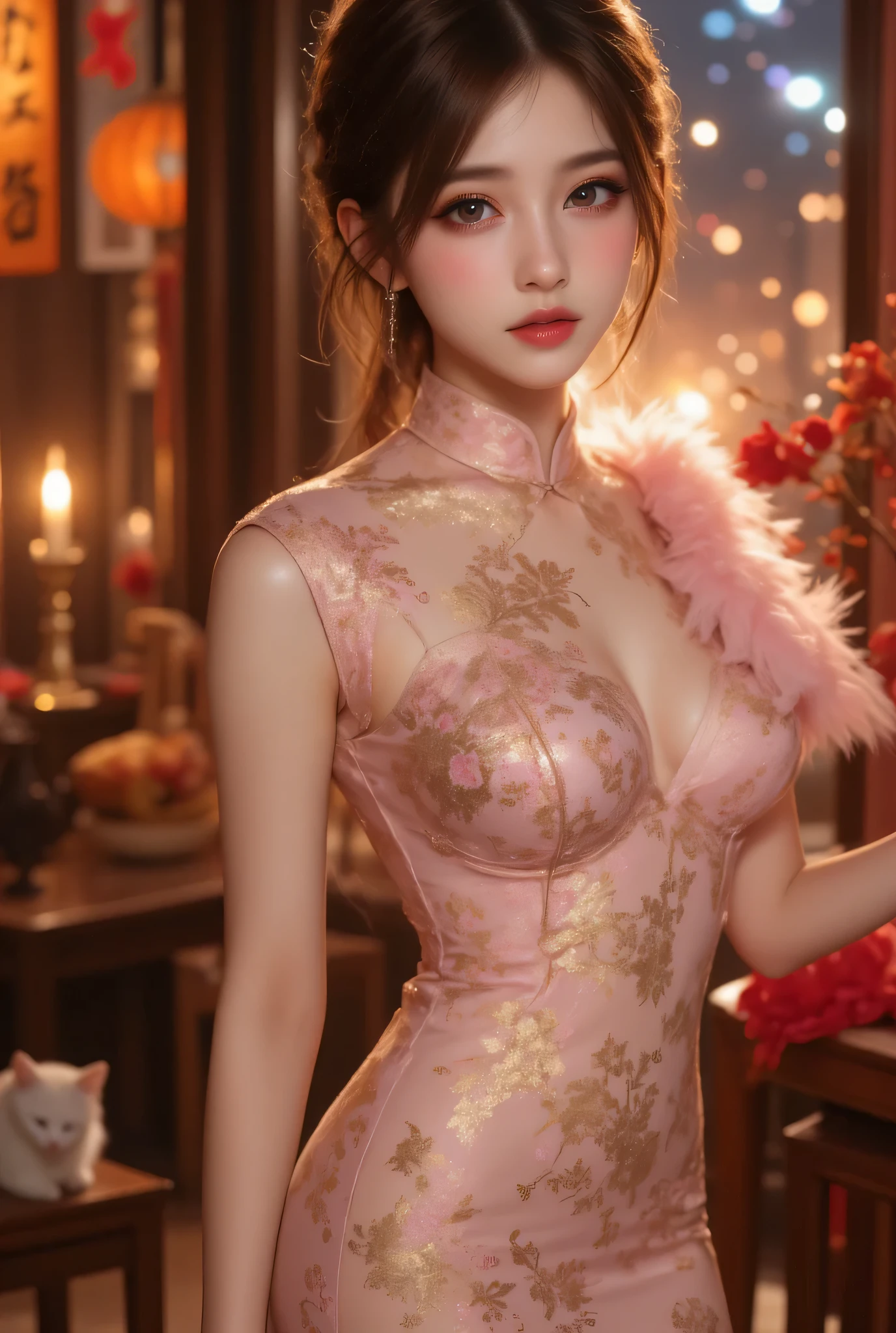 Cat ears、 face up, attractive, pretty girl, ponytail、 (( fine facial features , eroticism)), dramatic lighting , realistic , 8k, Dramatic Shadows , intricate and elaborate patterns , super detailed photo , chiaroscuro lighting , Pleasant colors , deep contrast , super real 、 pink lipstick、 warm room、Vintage Fireplace 、 cinematic composition、Close-up of face, pretty half part transparent open shoulder loose outfits dress, tang style, A beautiful Korean idol wearing a short colourful tightly cheongsam with phoenix and intricate floral golden embroidery, golden and silver outline on dress, hand with pink feathers paper fan and paper fan have golden ink drawing on it, standing gracefully in a room filled with traditional Chinese New Year decorations. The room features vibrant red lanterns, decorative calligraphy scrolls, a small Chinese orange tree with golden ornaments, and several red envelopes scattered across the floor and hanging from the tree. Adorable, playful cats are part of the scene—some sitting near the tree, others curiously pawing at the red envelopes or lounging around. Through a window or an open door in the background, vibrant Chinese fireworks light up the night sky in an array of reds, golds, and blues, casting a magical glow into the room. The idol’s outfit is paired with subtle accessories like red hairpins or earrings, complementing the festive look. The atmosphere is warm and lively, filled with the joyful essence of the celebration, enhanced by the shimmering lights of the fireworks and the lively decor.