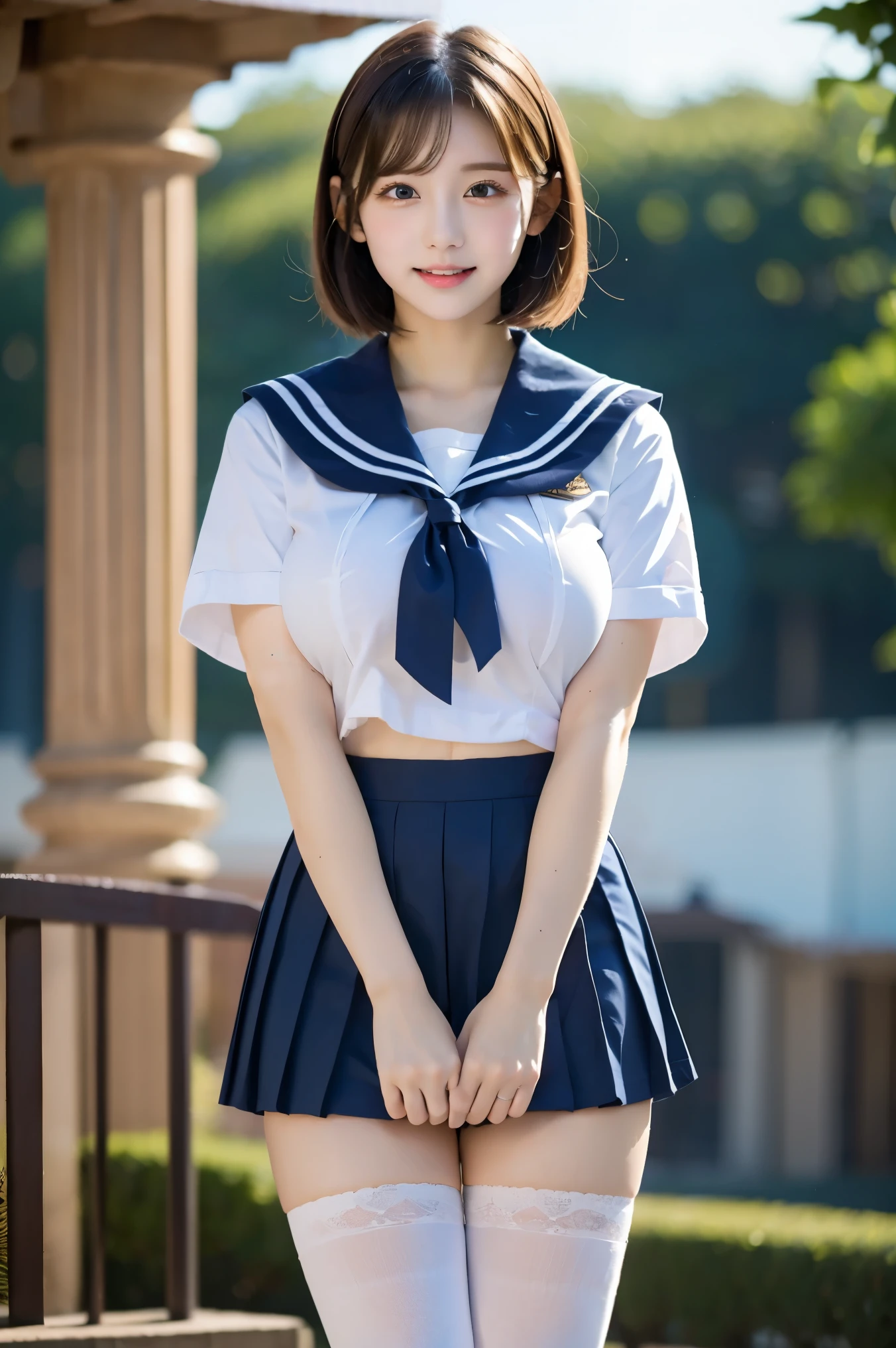   sailor suit  　 sailor suit 　Short sleeve　 red ribbon　 white 　navy blue collar　  high school girl　Big Breasts　School　  miniskirt　 big breasted 　 ceiling　feet　  sneakers　   pants　  white underwear　 feetを開く　  Knee High Socks 　 short hair