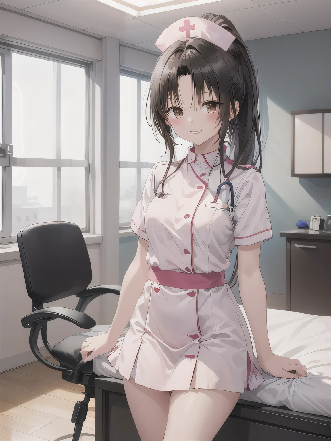 1woman, solo, nurse, white nurse cap, white nurse uniform, ((white legwear, zettai ryouiki)), white gloves, long hair, purple hair, red eyes, pink lips, smile, standing, ((hospital room)), sharp outline, short sleeves, mature female, 35 years old, best quality, masterpiece