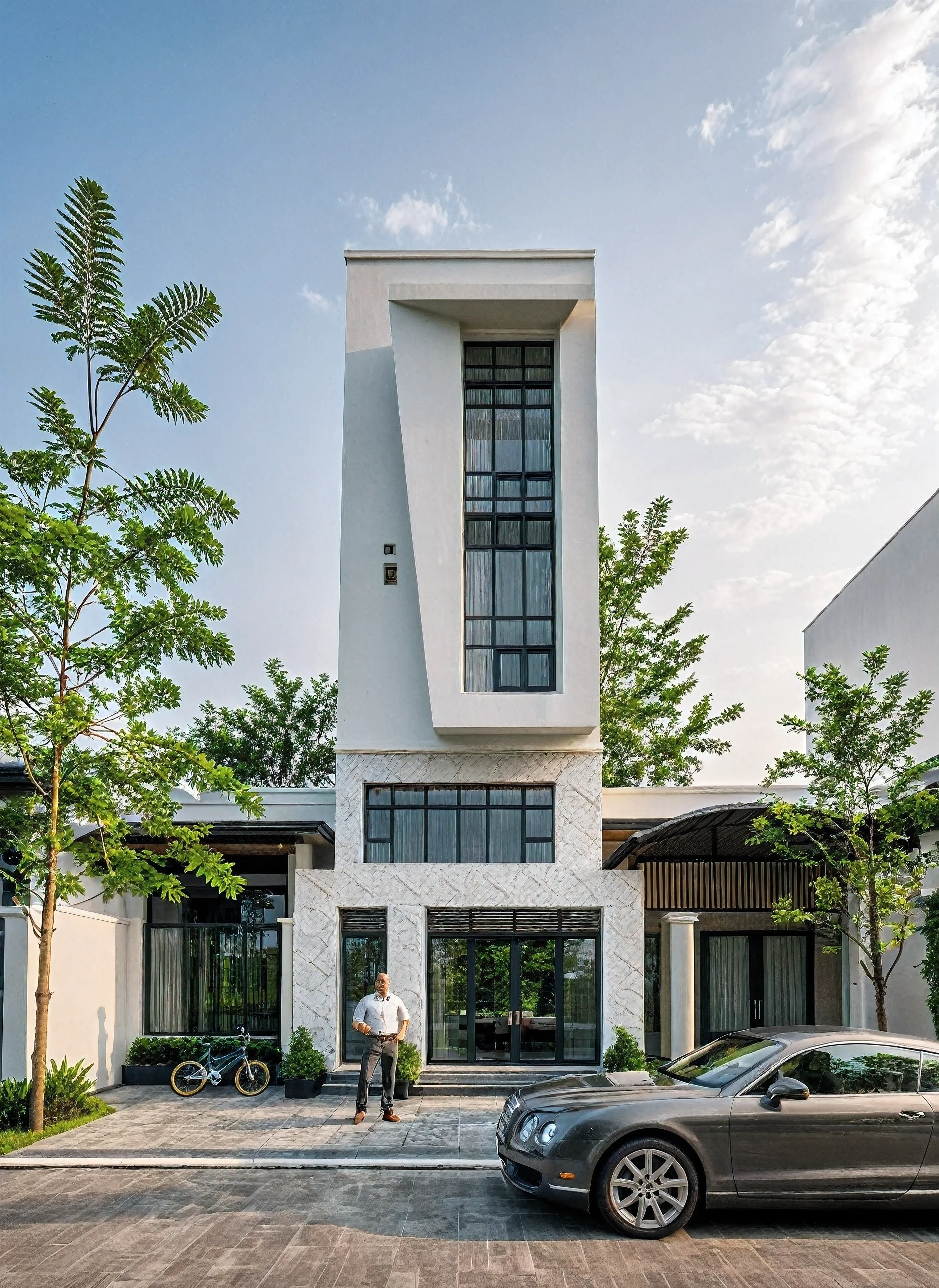 Raw photo, Masterpiece, high quality, best quality, realistic, super detailed, outdoor, neoclassical townhouse style, neoclassical traditional house, large glass windows and first floor, tiled roof green, white wall, sidewalk, grass, trees, tropical plants, clear sky, (natural light), (daylight:1.2)