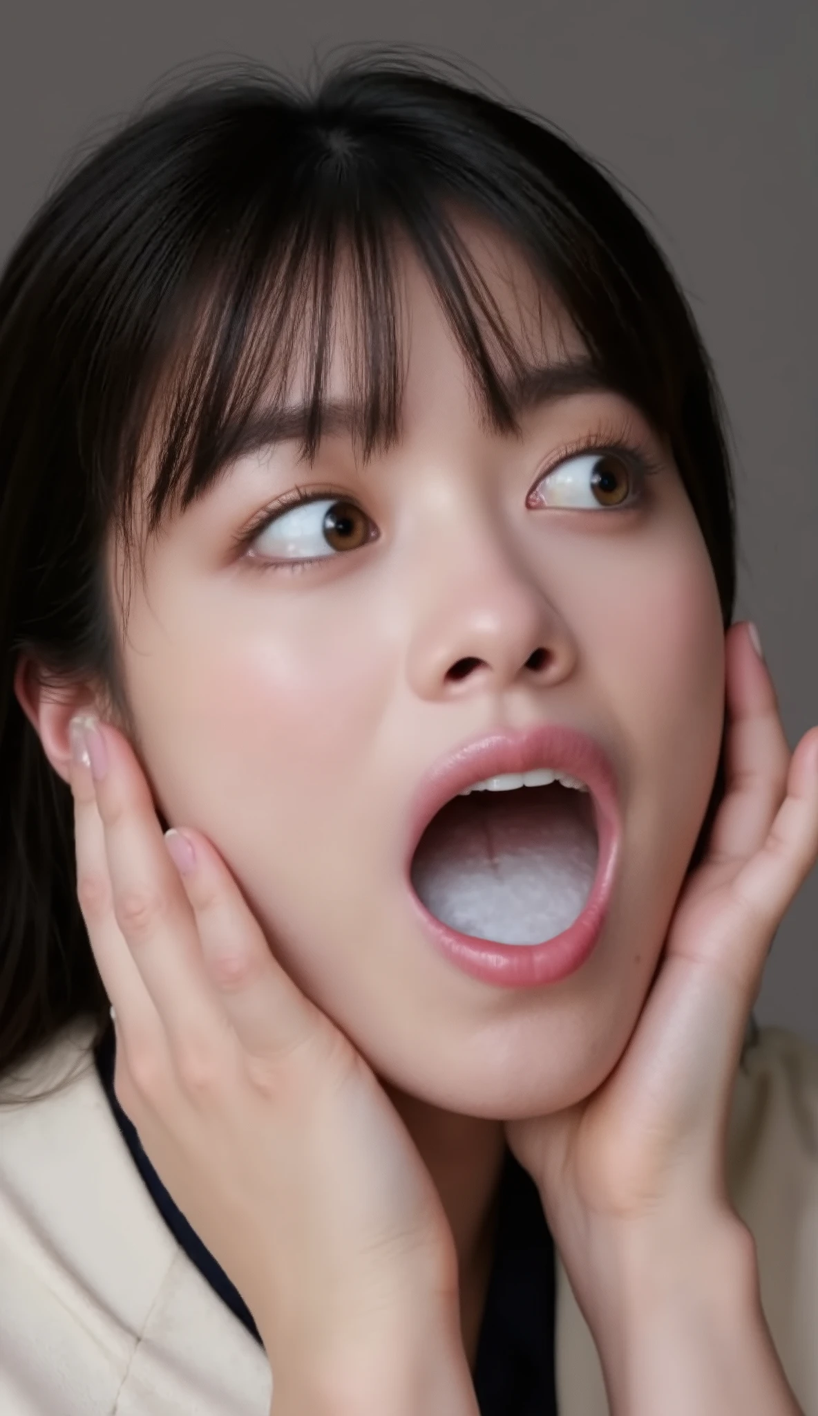 A high resolution photograph of a Japanese young woman, photo realistic, masterpiece, amazing quality, intricate details, professional lighting, solo, 1girl , face focus, black hair, detailed face, surprised face, (fingers brushing her lips), (white cum in mouth, open mouth:1.4), chin up, looking up at the camera, indoors,